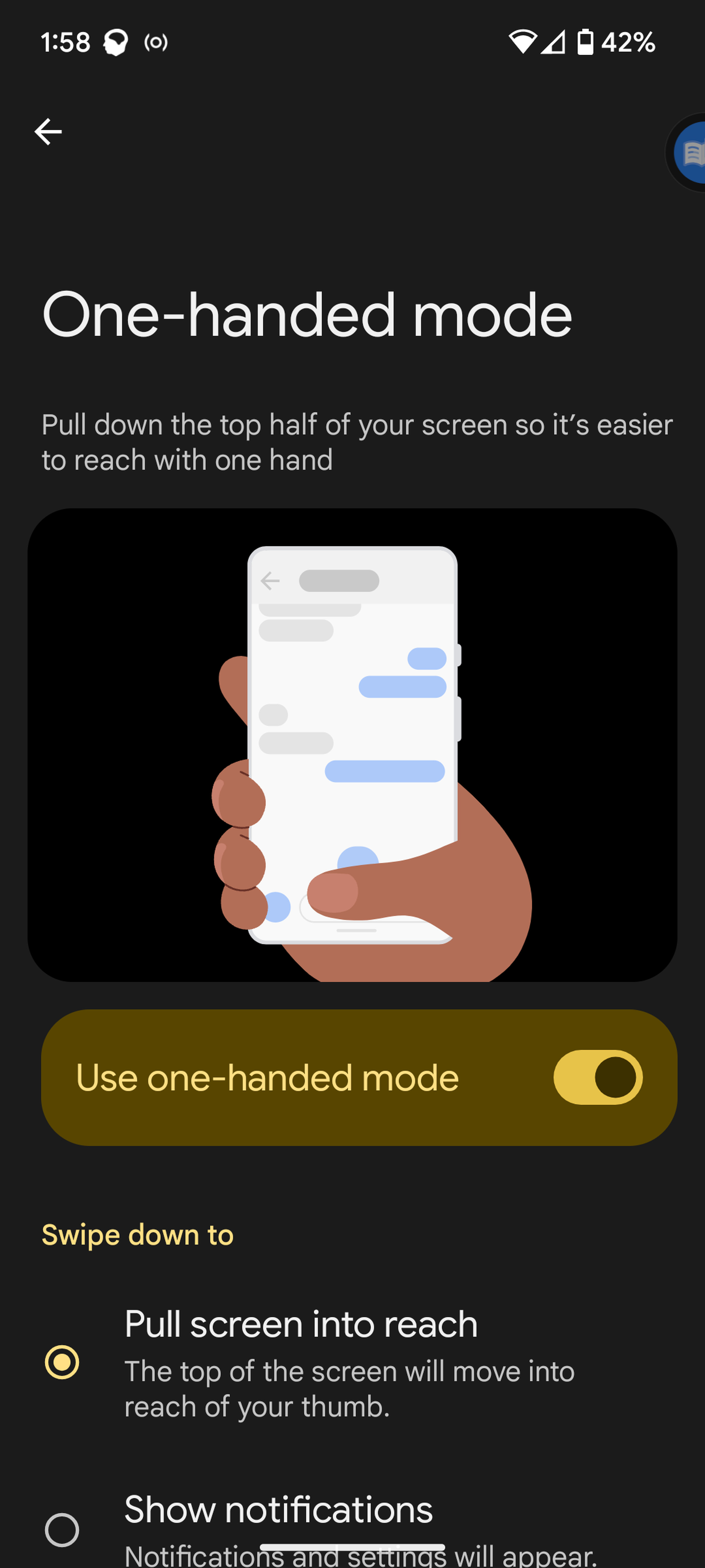Mobile screen headed “one-handed mode” with illustrated hand holding phone and “Use one-handed mode” toggled on below.