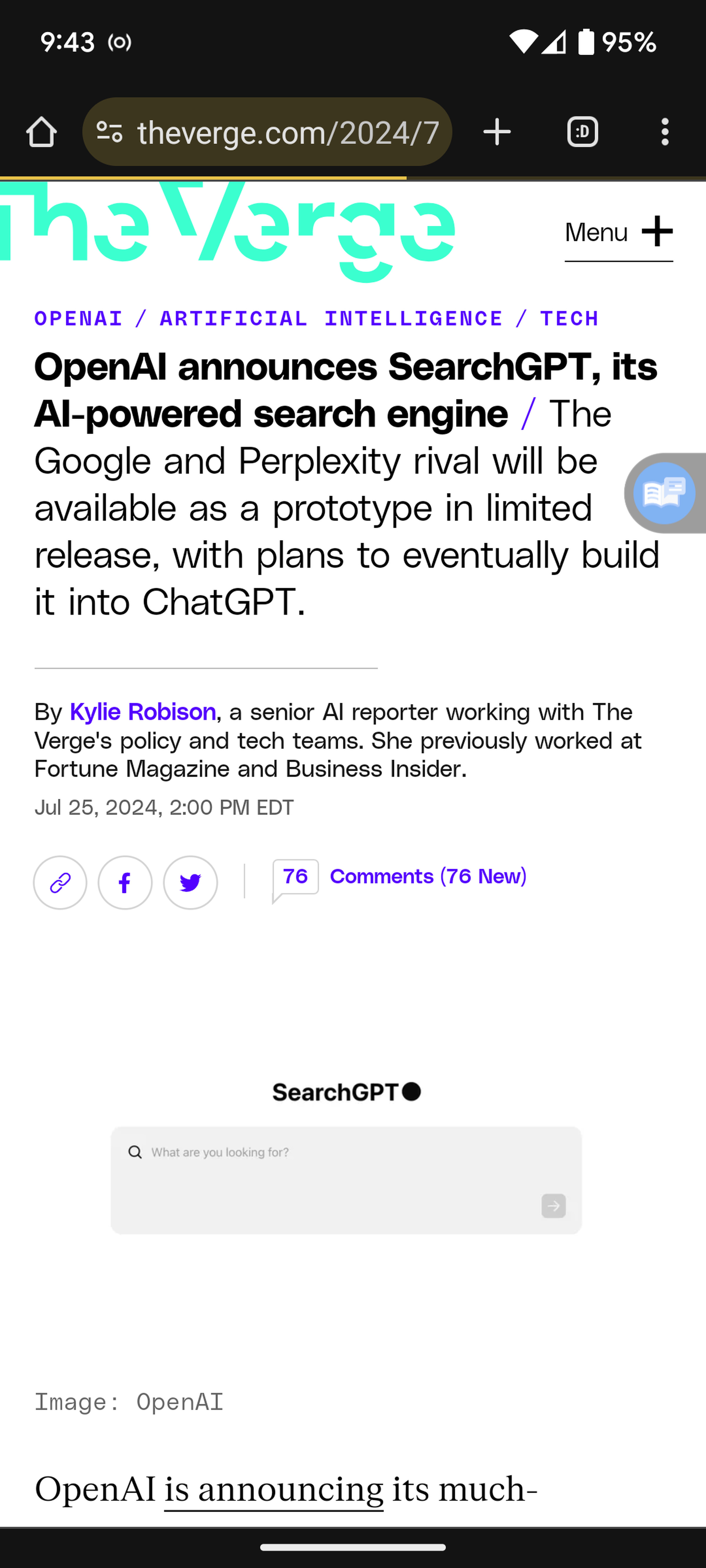 Mobile browser showing The Verge with small blue button at right.