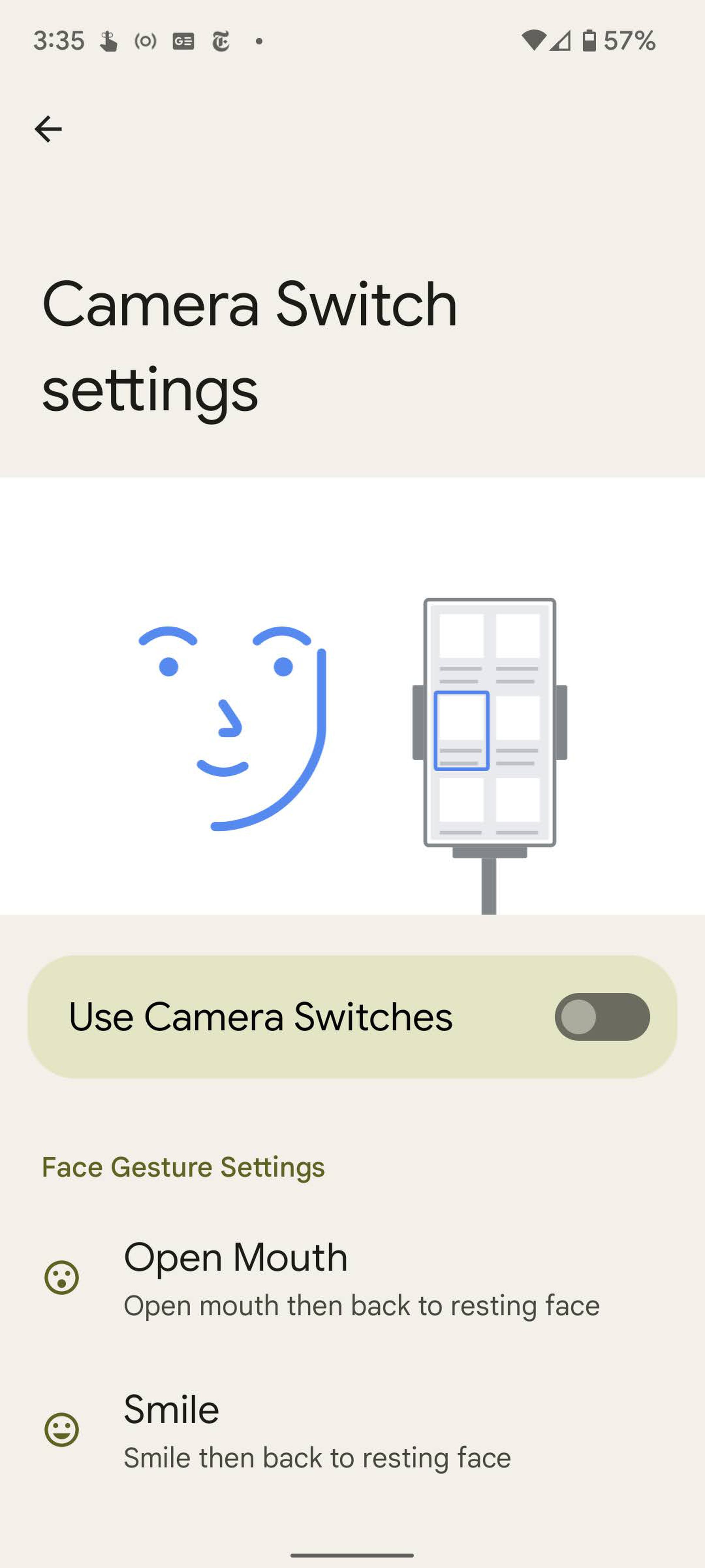 Camera Switch settings let you see if your camera can properly catch your gestures.