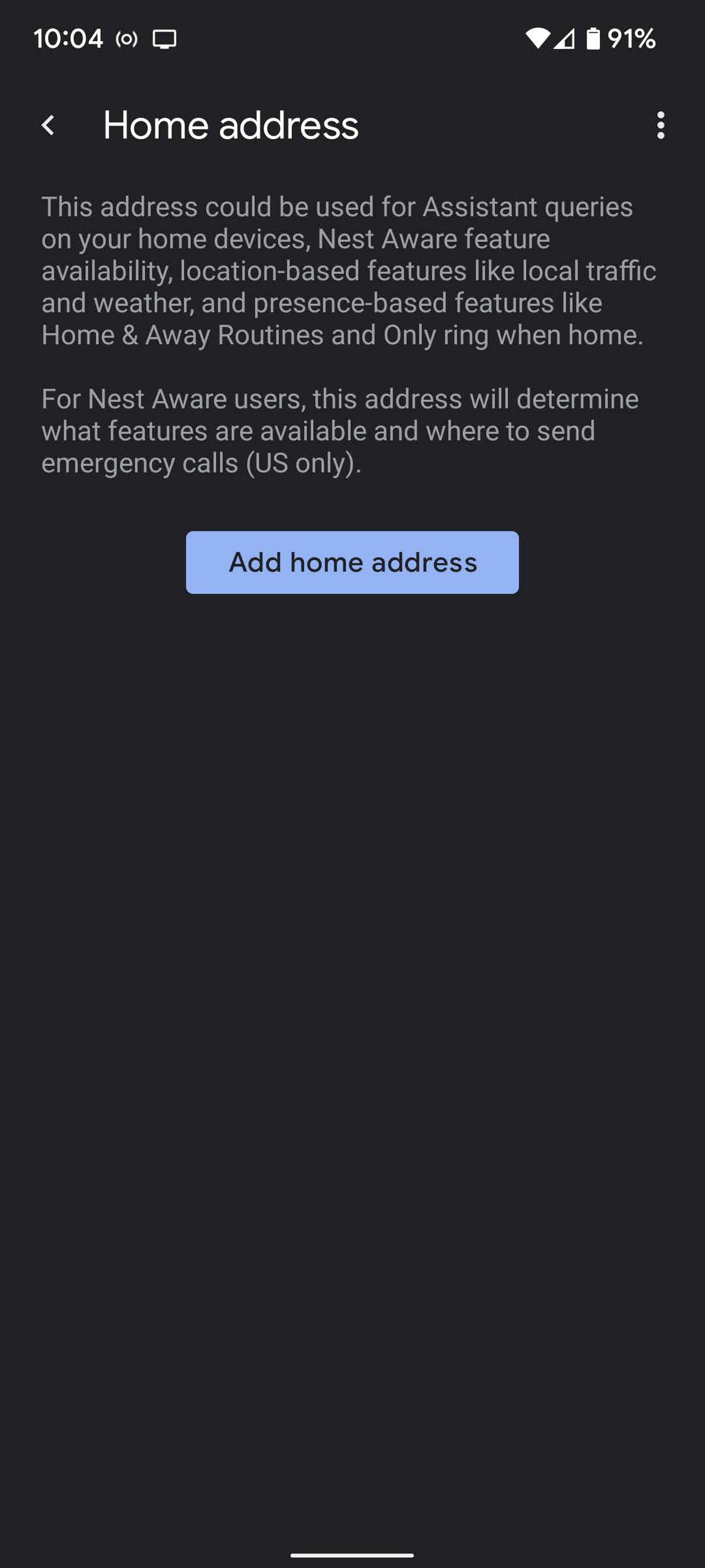 Home address screen with Add Home Address button