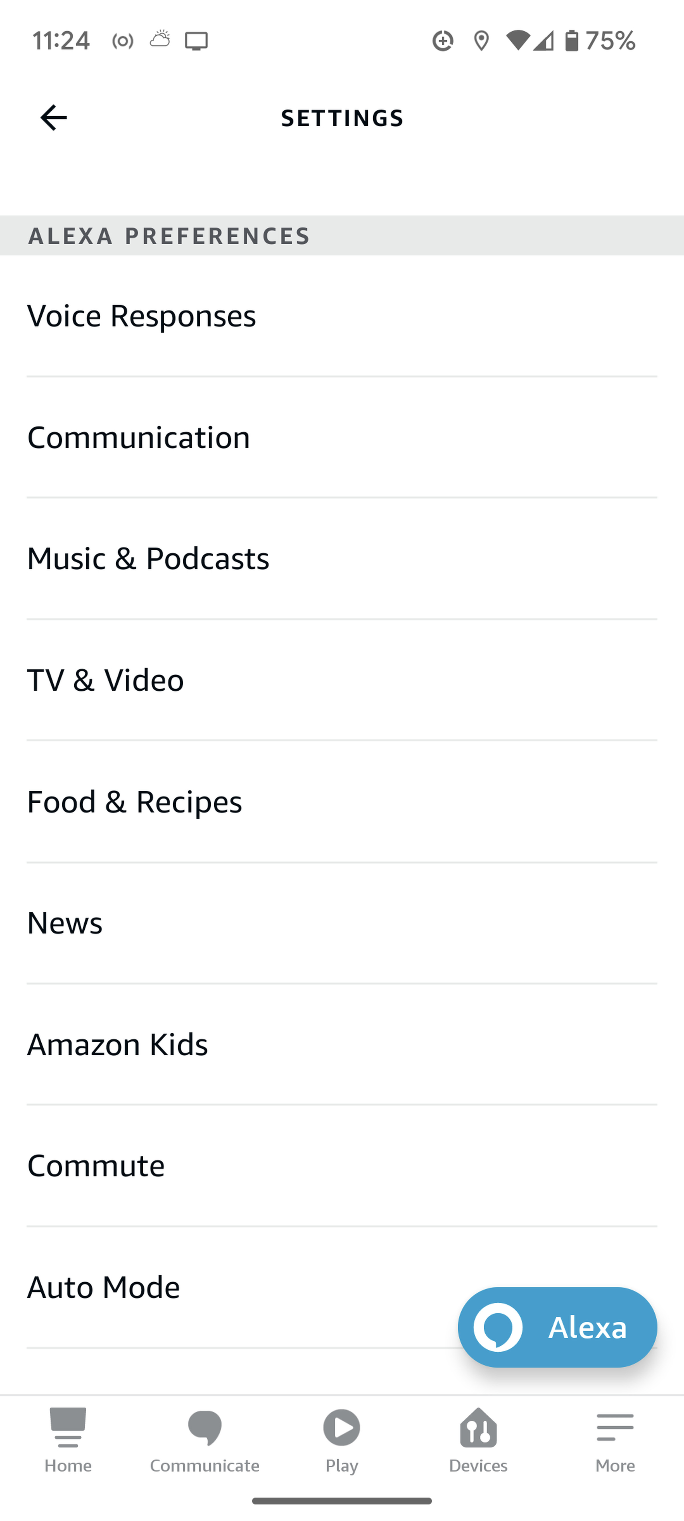 Settings list for Alexa Preferences