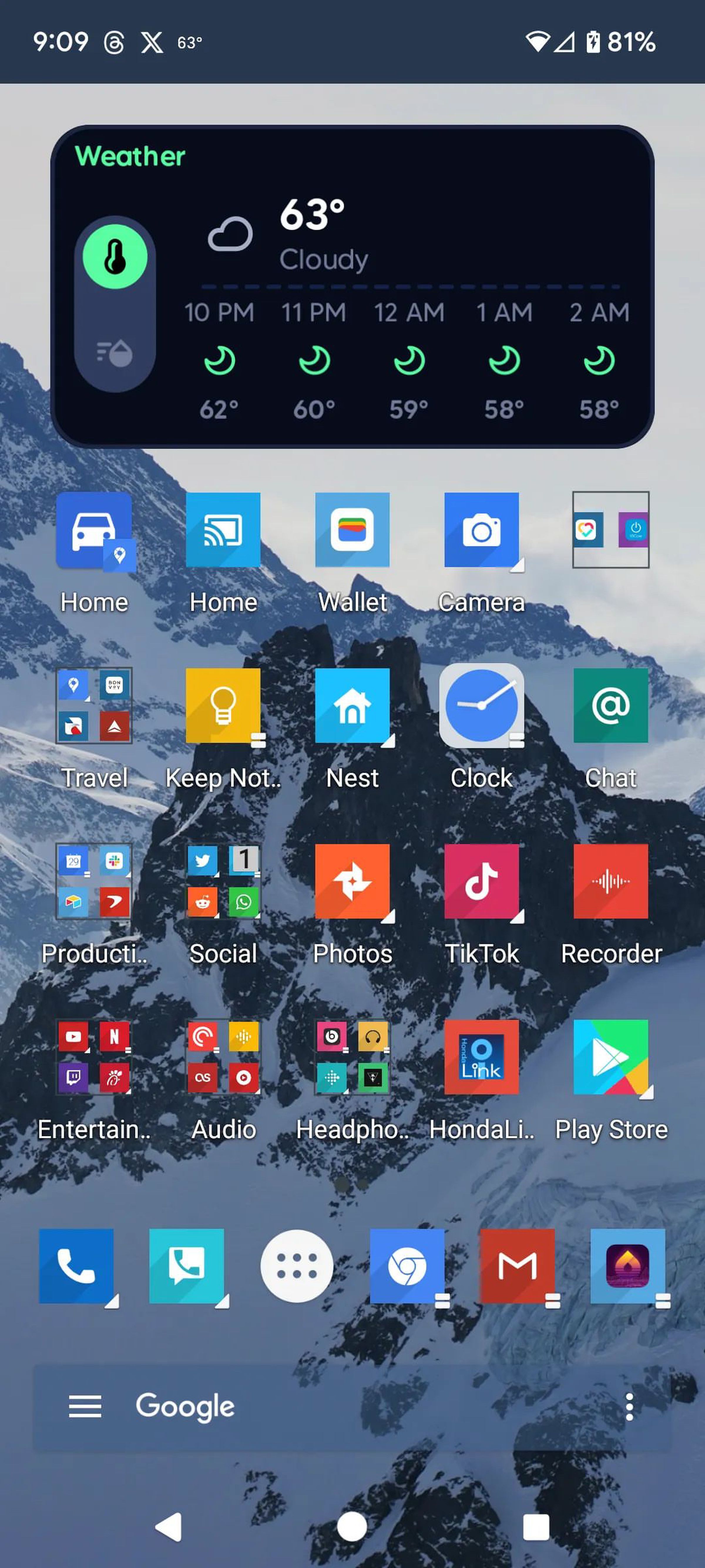 A screenshot of an Android homescreen, with a widget at the top and five rows of apps and app folders. Search bar at the bottom.