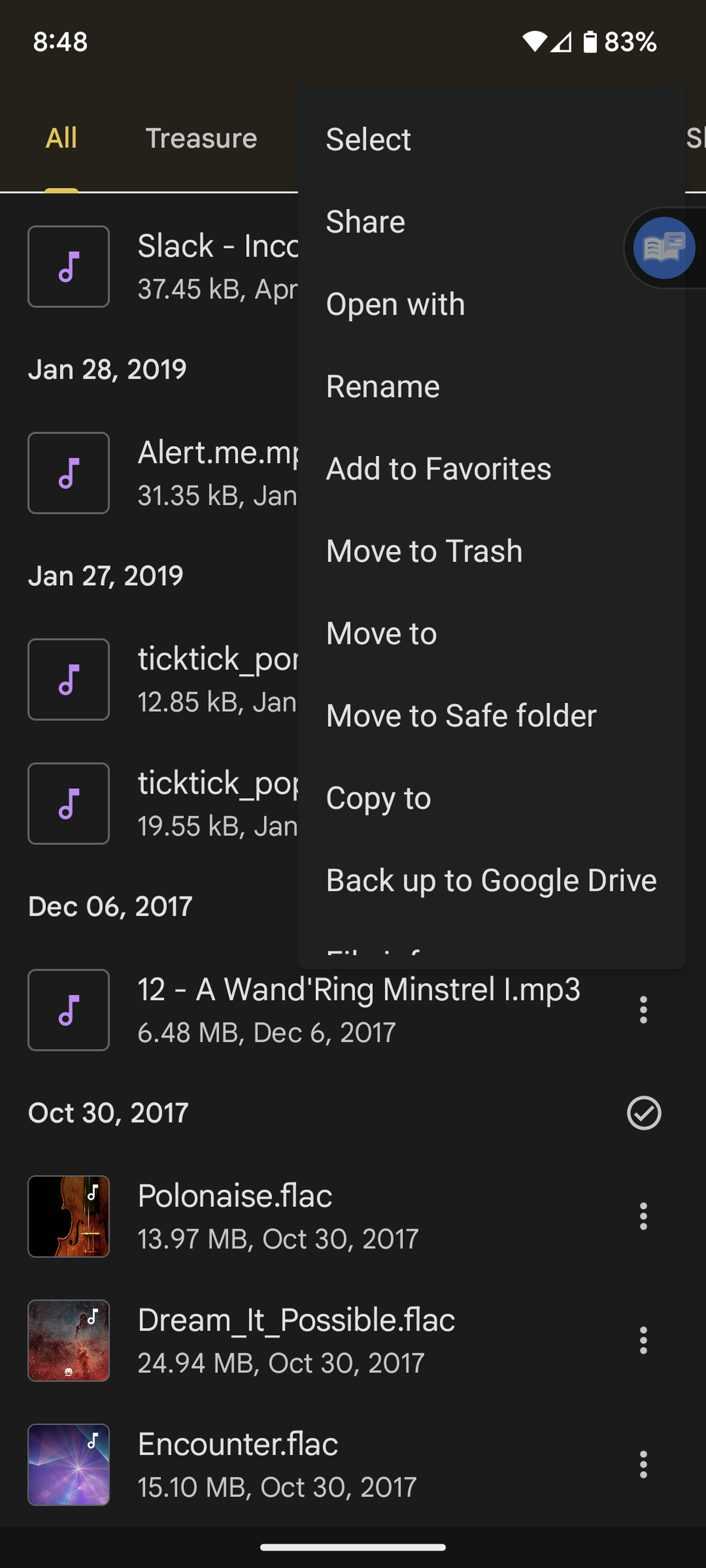 List of audio files with a pop-up menu.