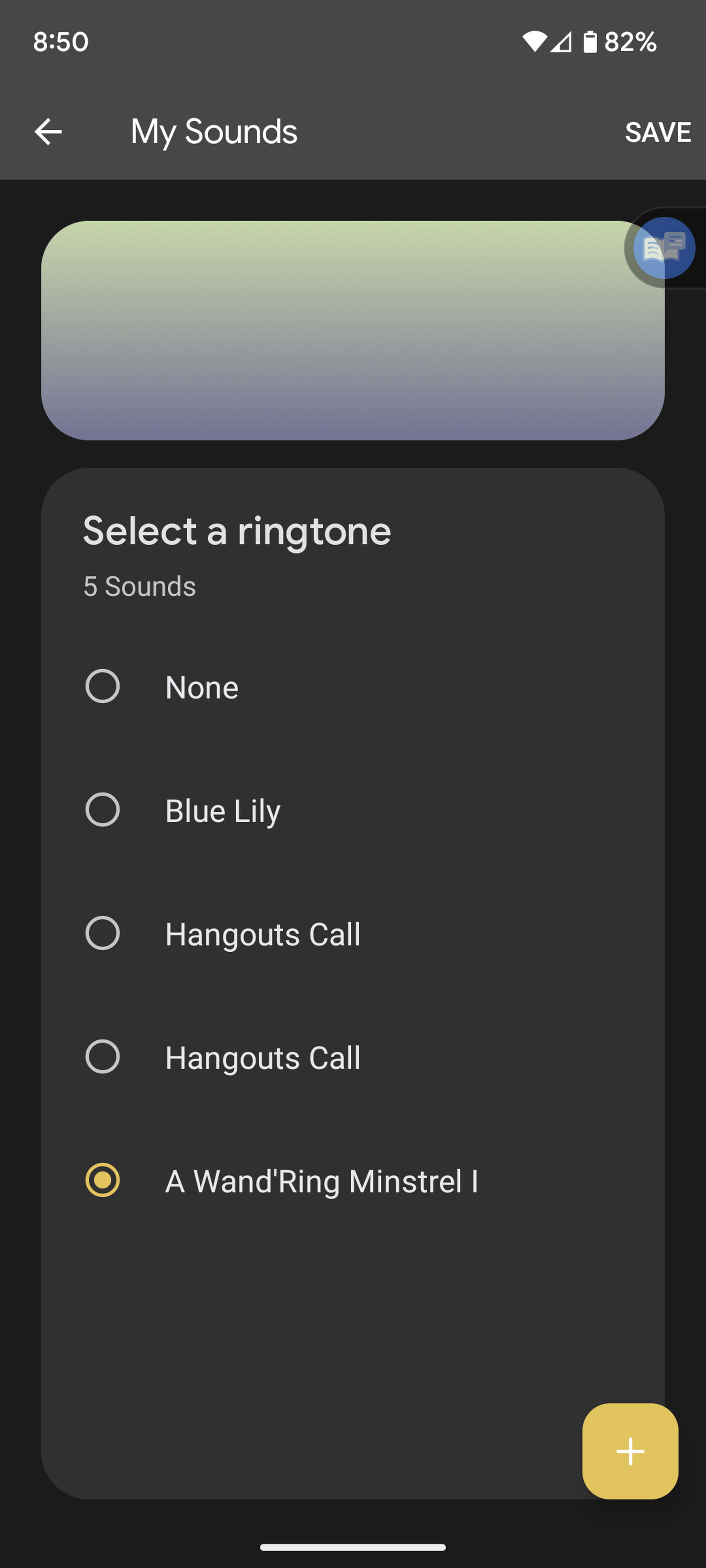 My Sounds page with Select a ringtone and list of songs.