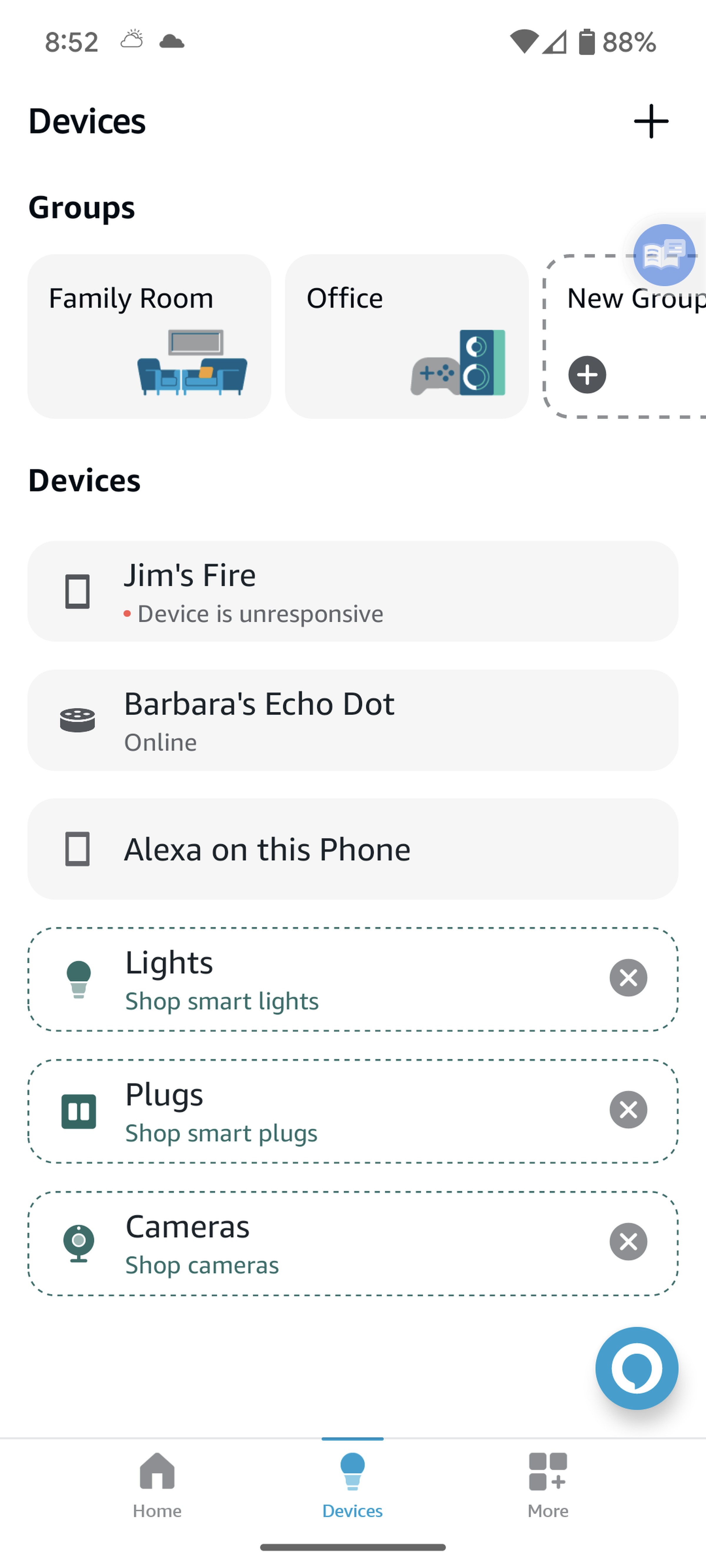 Devices page on mobile with lists of Groups and Devices.