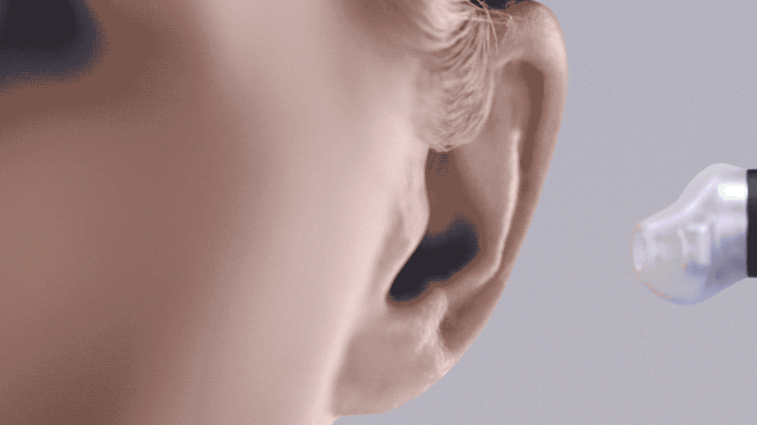 A GIF showing a UE Fits ear bud achieving a custom mold by activating purple LEDs.