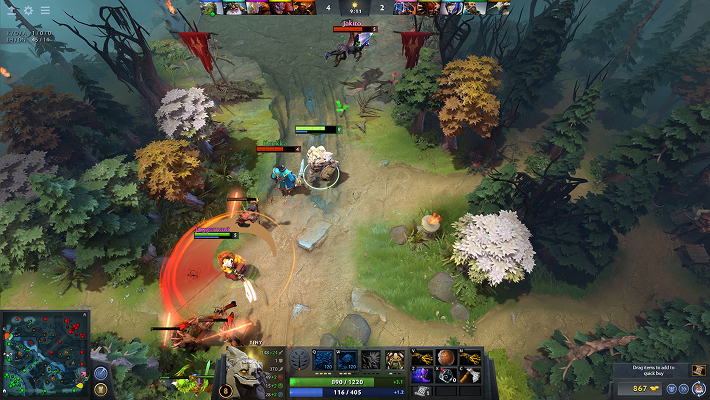 A screenshot of Dota 2, a fantasy arena battle game where two teams of five heroes fight to destroy one another’s base. Gameplay is complex, and matches typically last more than 30 minutes. 