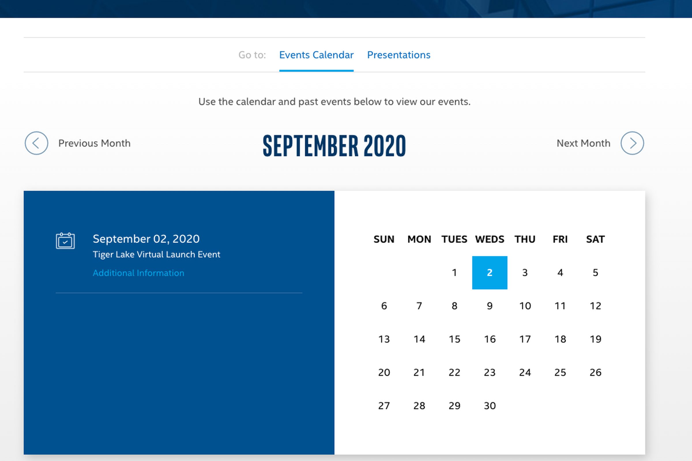 Intel calendar of events