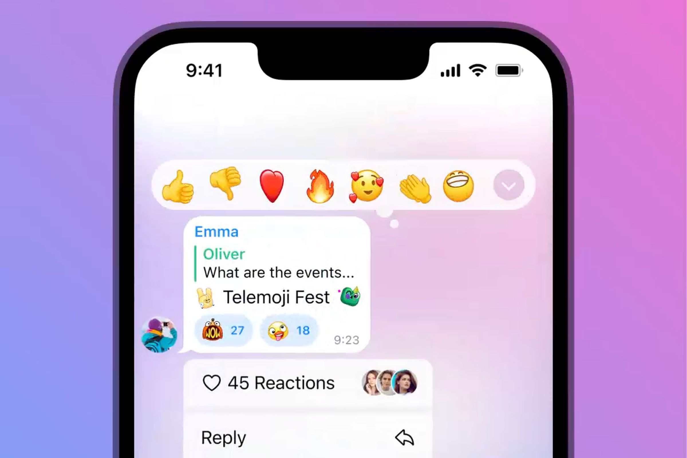 Screenshot of a variety of emoji reaction options in Telegram.