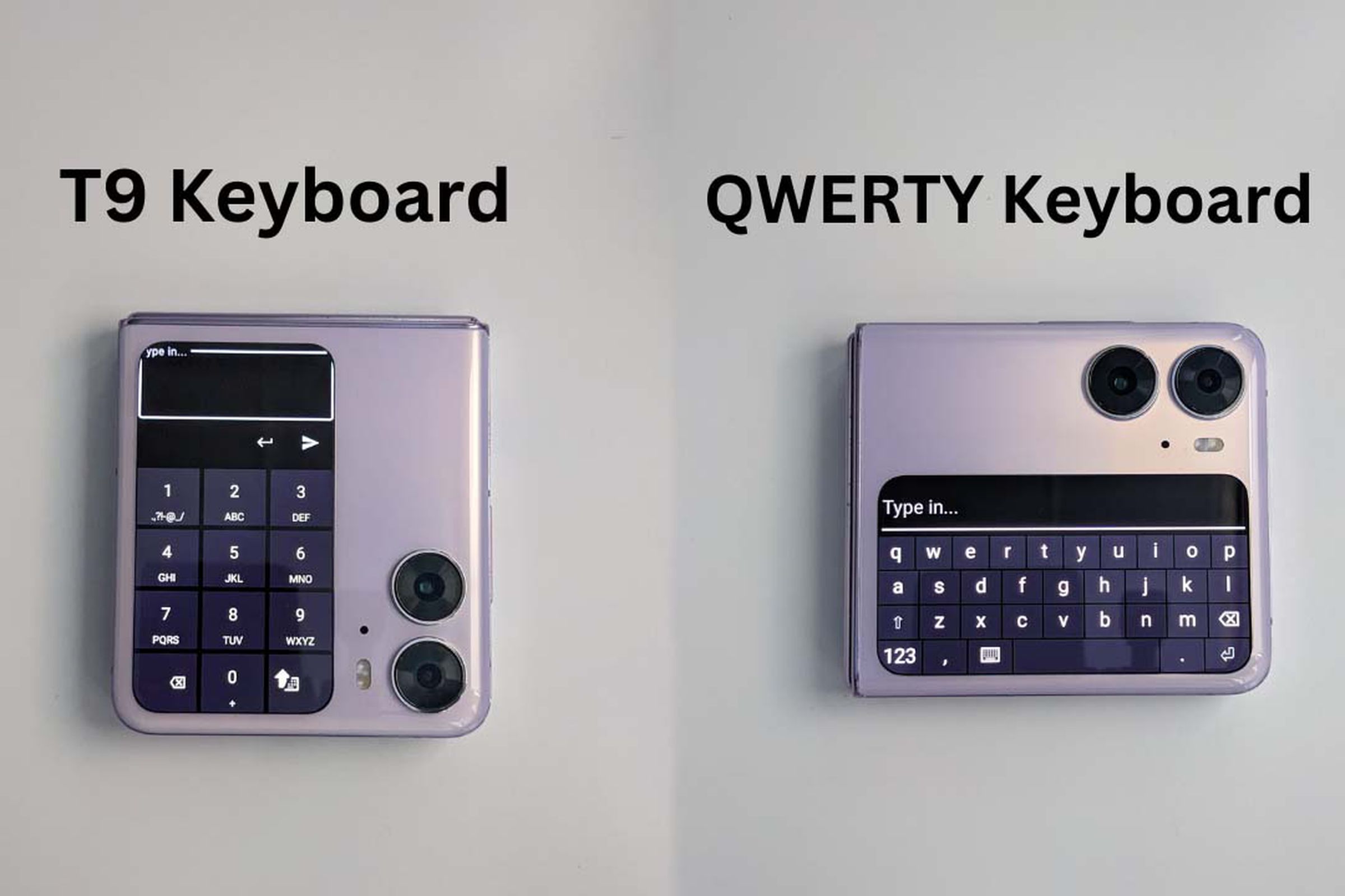Two Find N2 Flips, one with a T9 keyboard on its cover display, and one with a Qwerty keyboard.