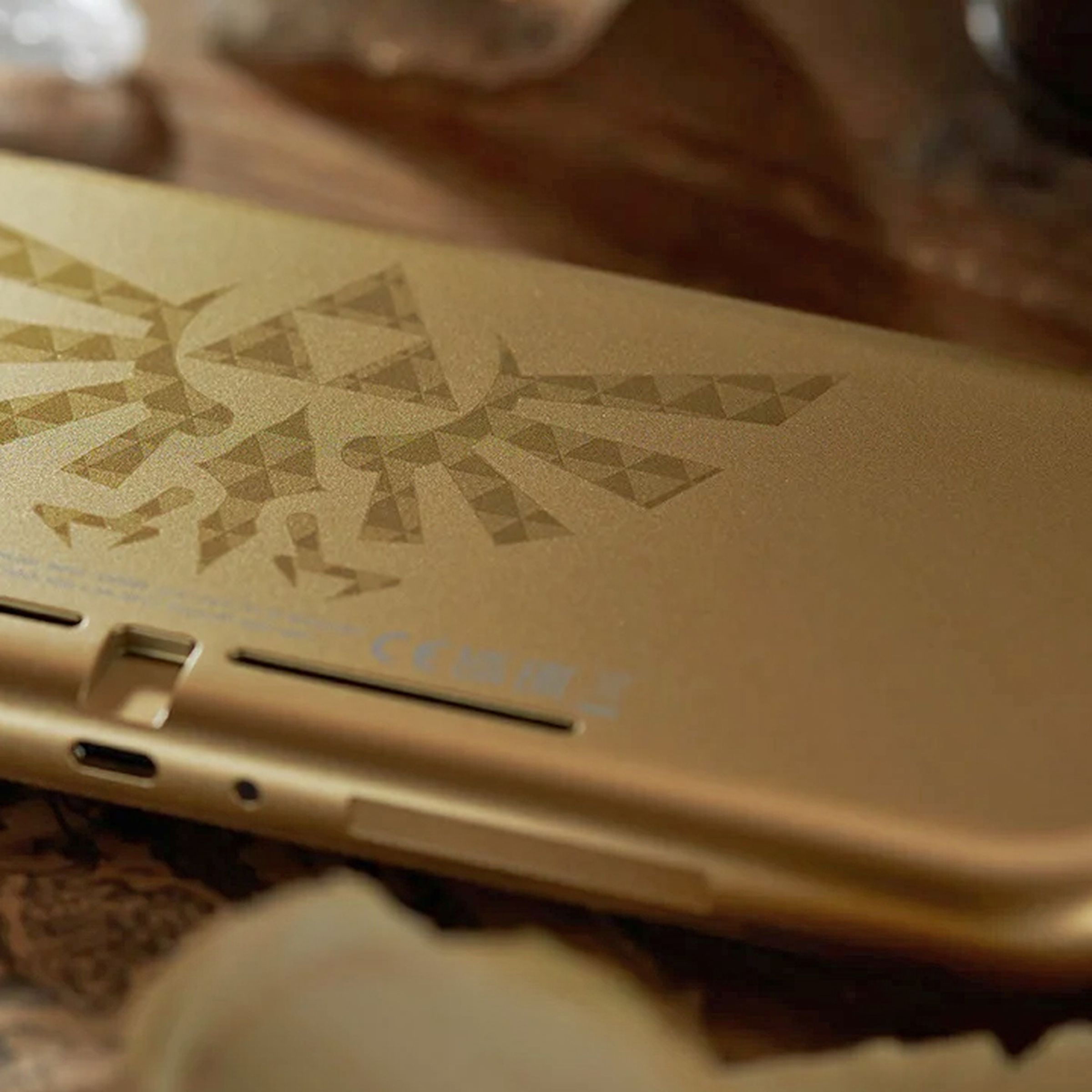 A look at the back of the gold Hyrule Edition Switch Lite console.