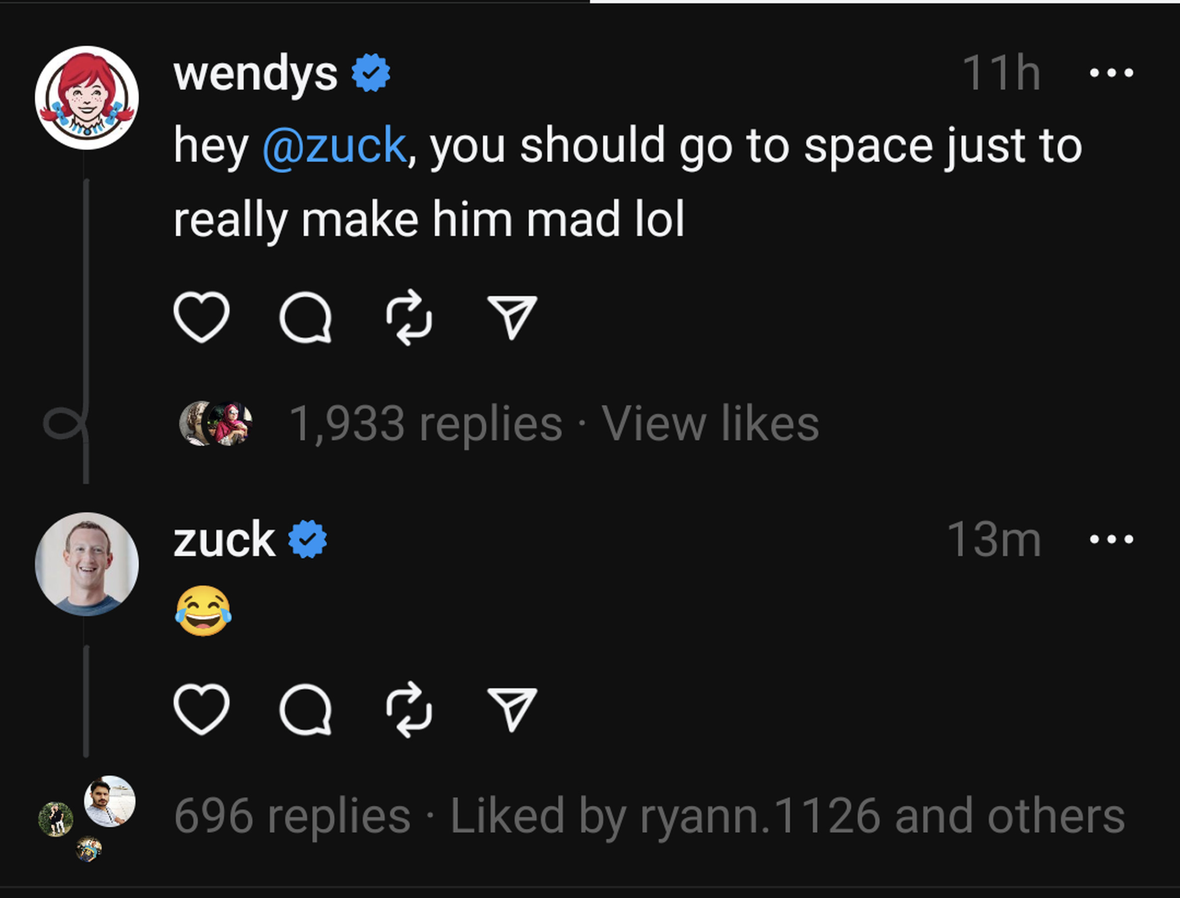 A screenshot of Wendy’s tagging Meta CEO Mark Zuckerberg and saying he should go to space just to make “him” mad. Zuckerberg responds with a laughing emoji.