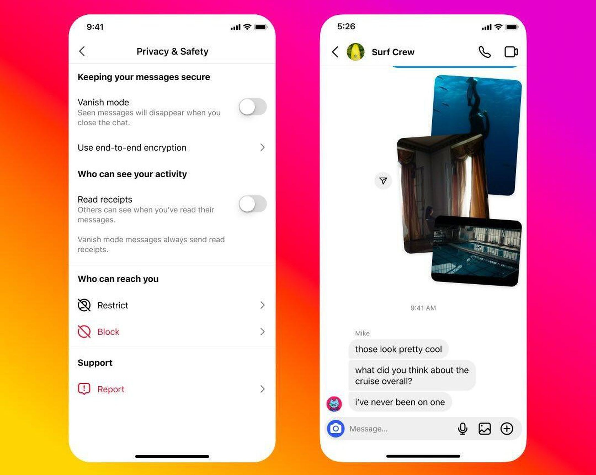 Two screenshots of the Instagram app side by side, one showing pricay and settings area with a toggle to turn read receipts for direct messages on or off, and another screenhot showing an Instagram direct message conversation without read receipt indicators.