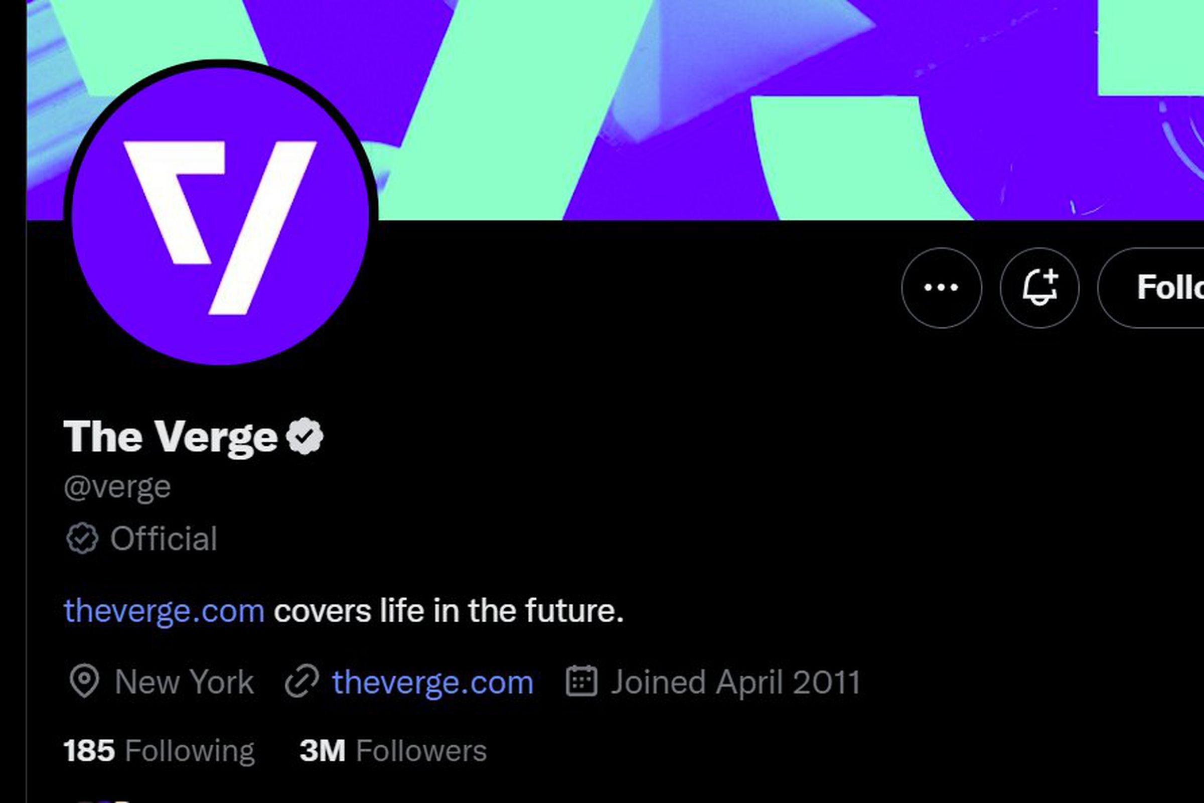 Twitter’s new gray “official” checkmark and label shown on the @Verge Twitter account.
