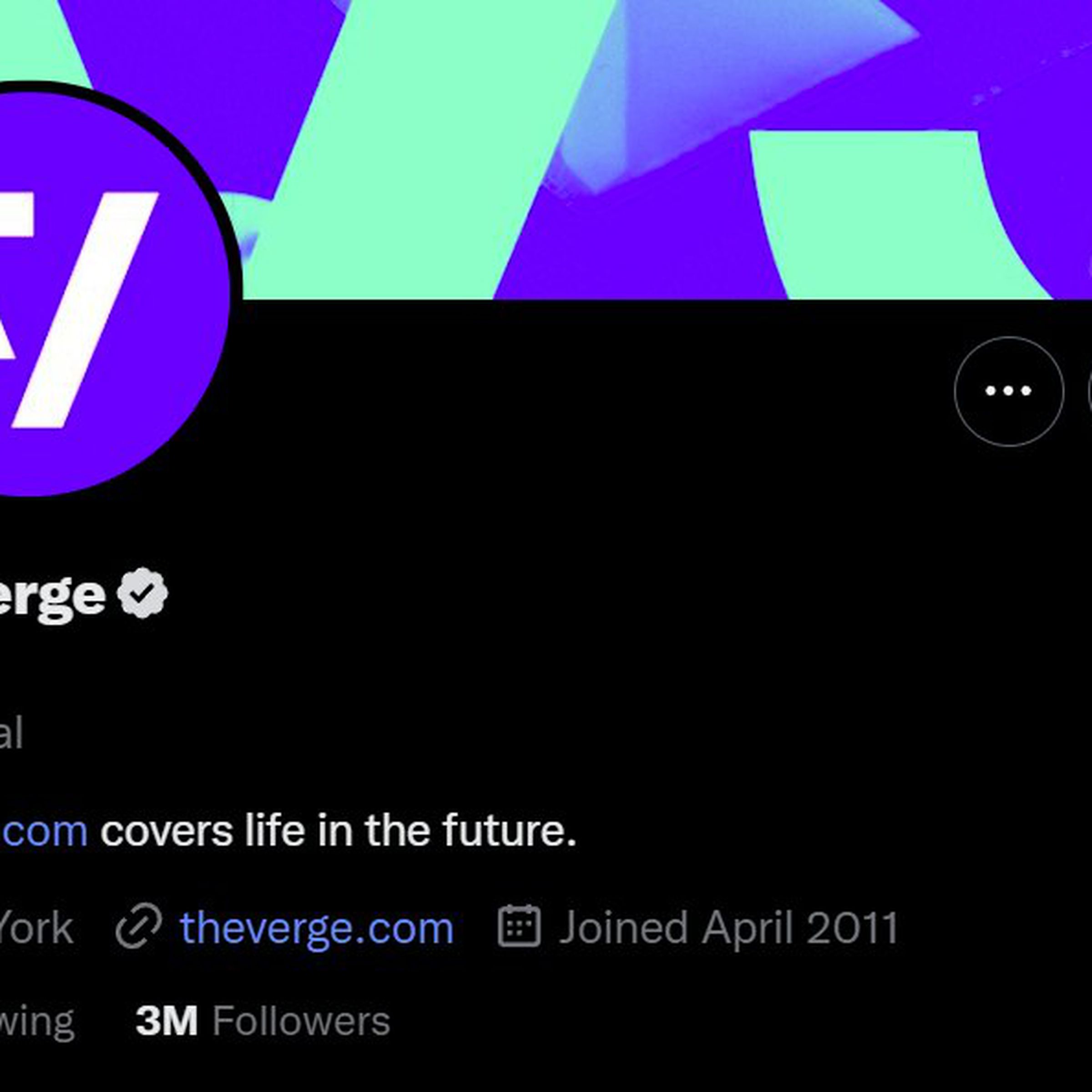 Twitter’s new gray “official” checkmark and label shown on the @Verge Twitter account.