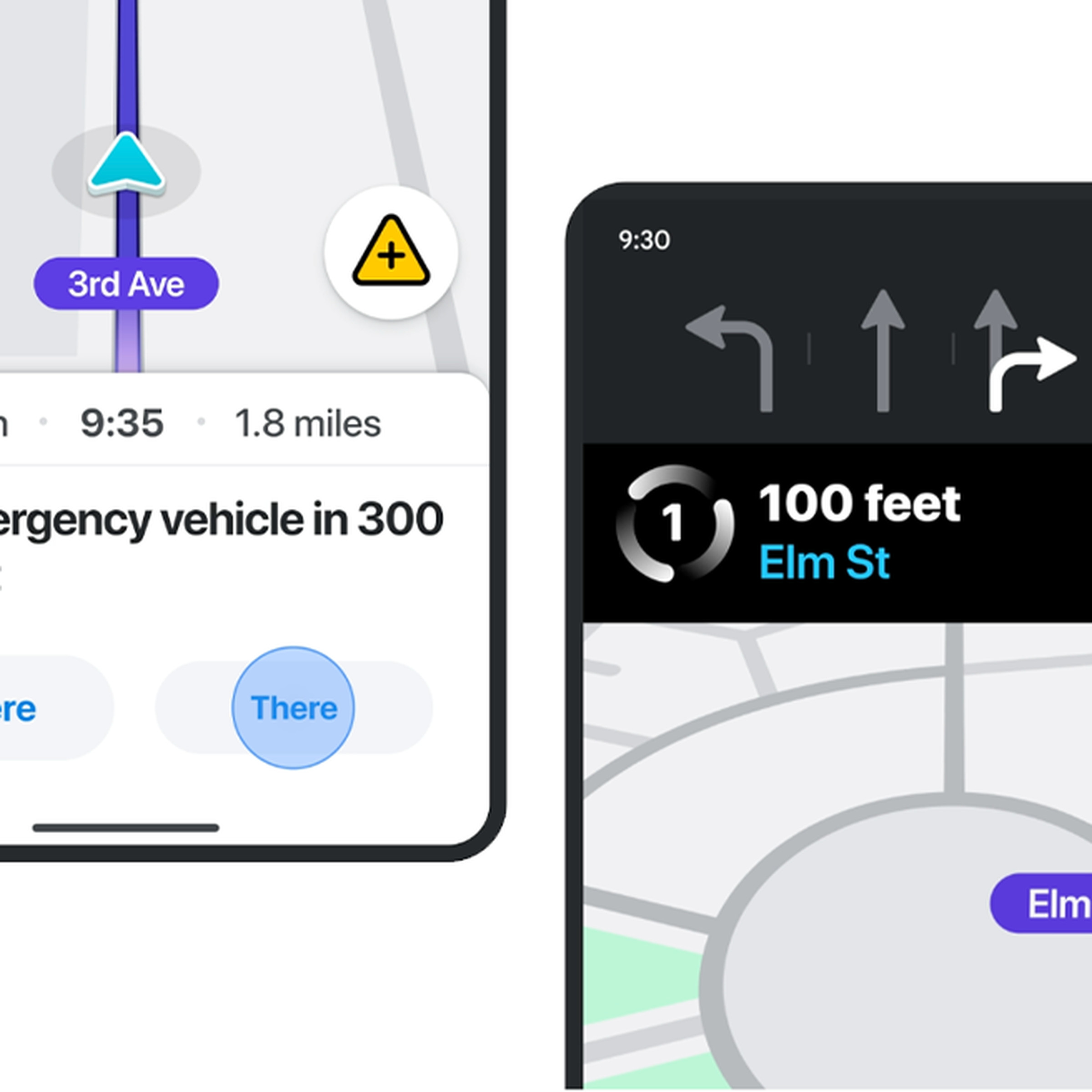 Screenshots of the emergency alert and roundabout guide features coming to Waze.