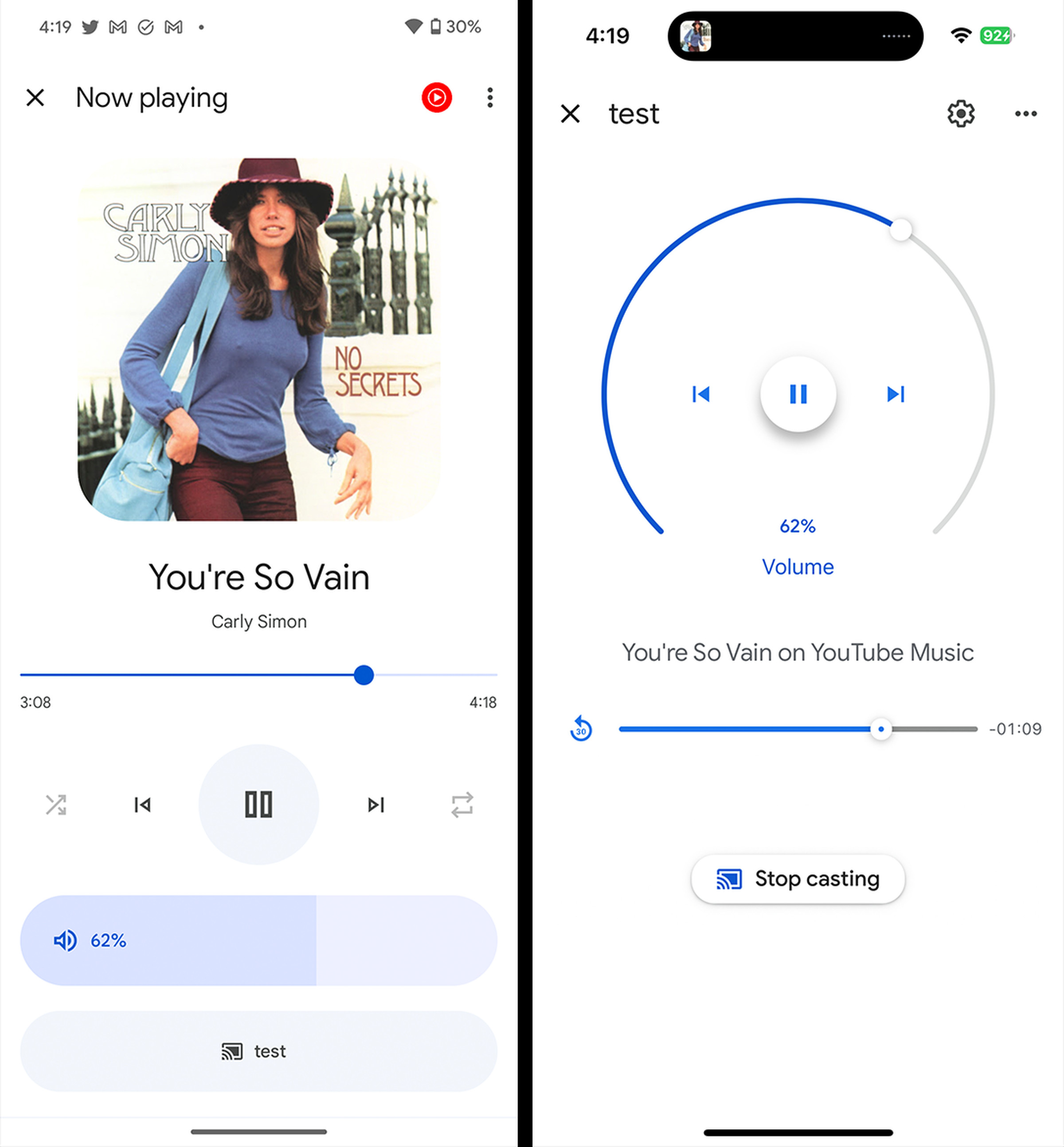Screenshots of the volume control within the Google Home app in Android and iOS.
