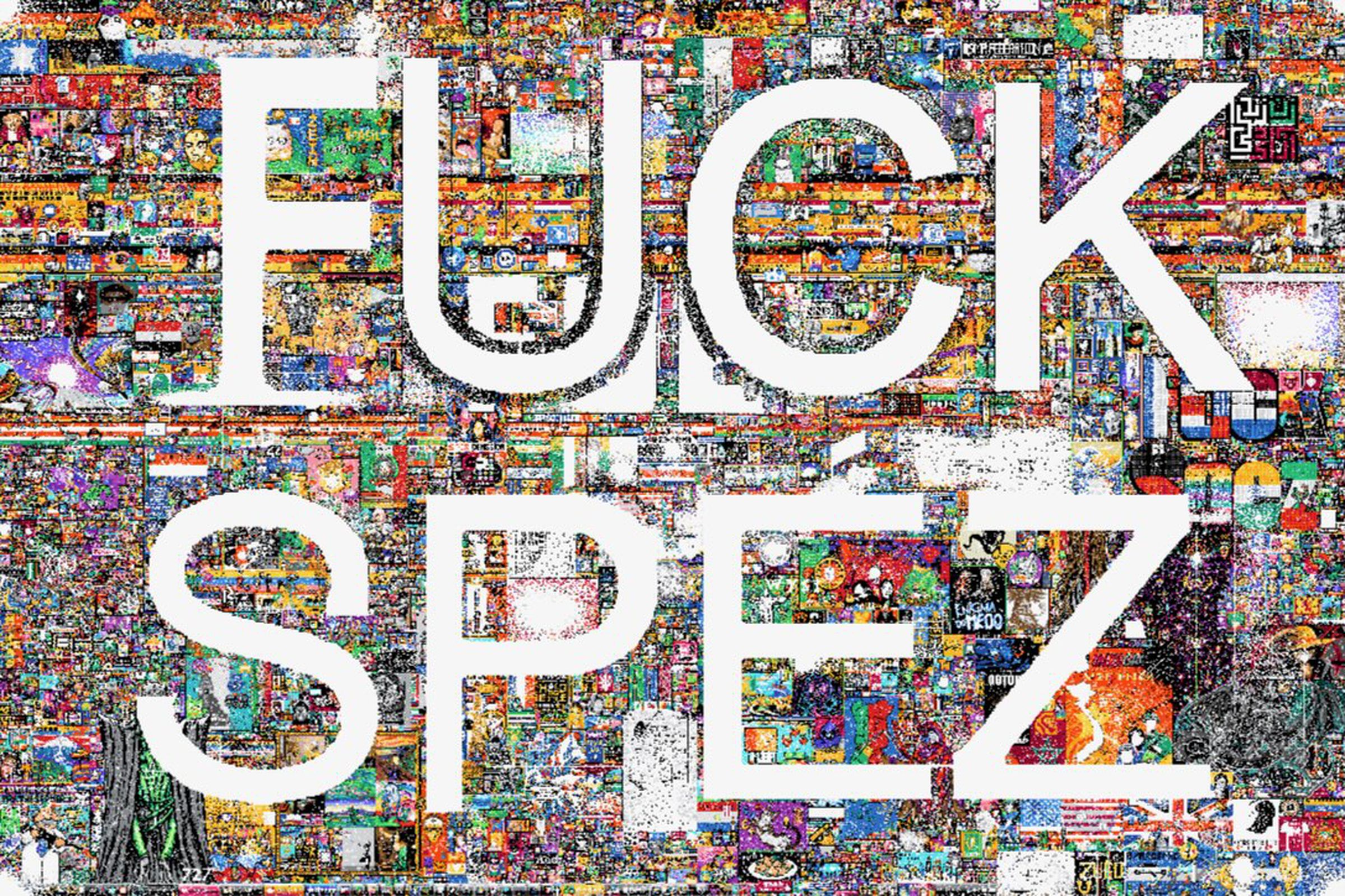 A screenshot of r/Place with a growing amount of white. In the middle, there is a large message that says “FUCK SPEZ.”