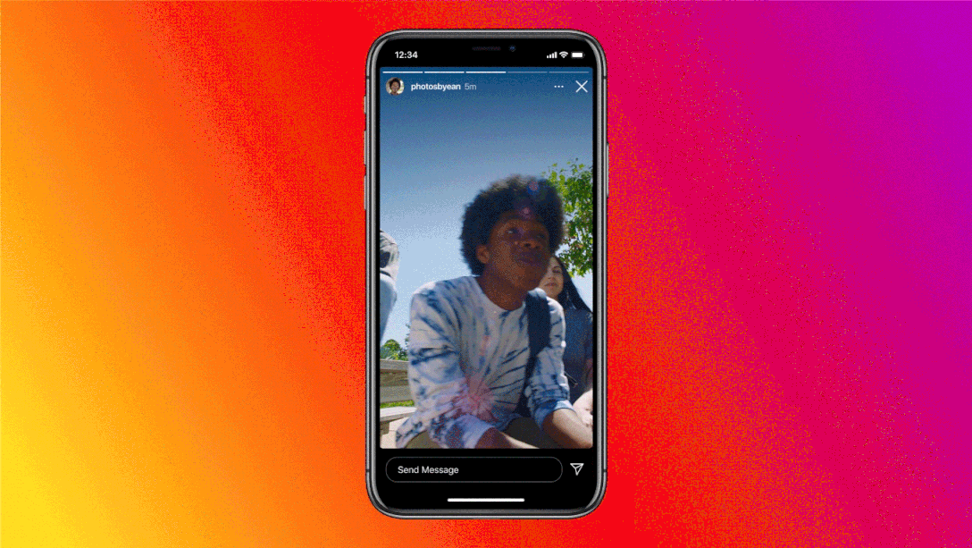Gif of an Instagram story showing a person speaking and the words “It’s a beautiful day out here so we’re gonna go on a walk” appearing at the top of the screen.