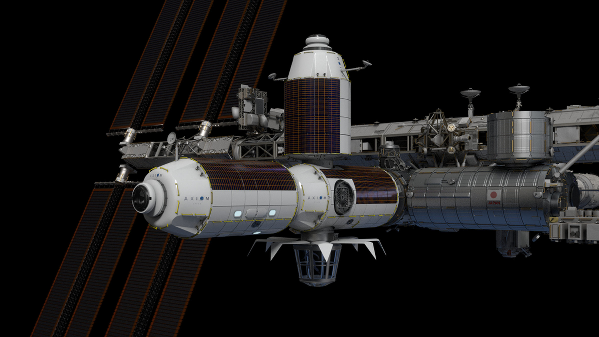 An artistic rendering of Axiom’s proposed space station module attached to the ISS.