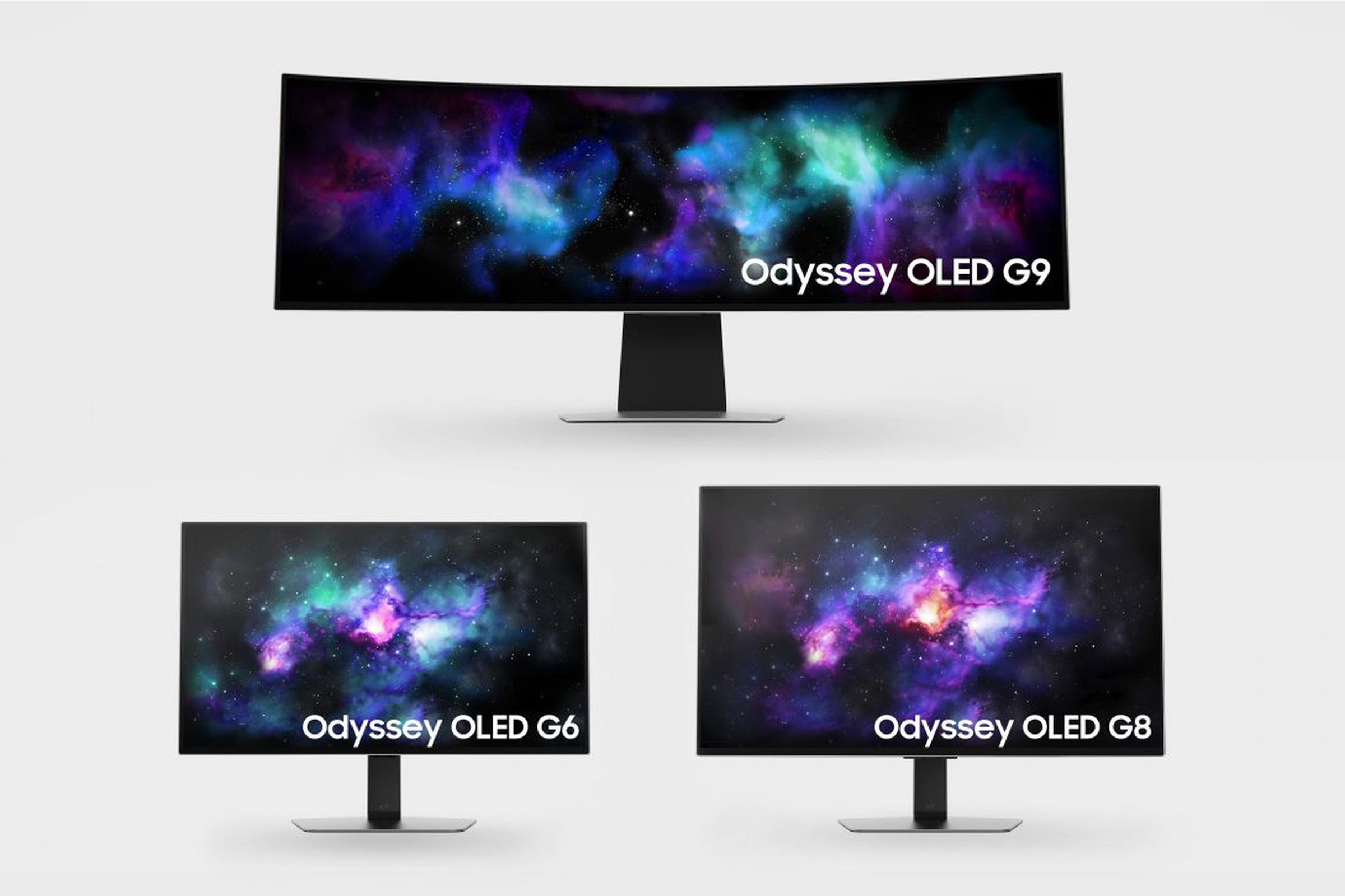The curved Odyssey OLED G9 above the flat OLED G6 and G8. 