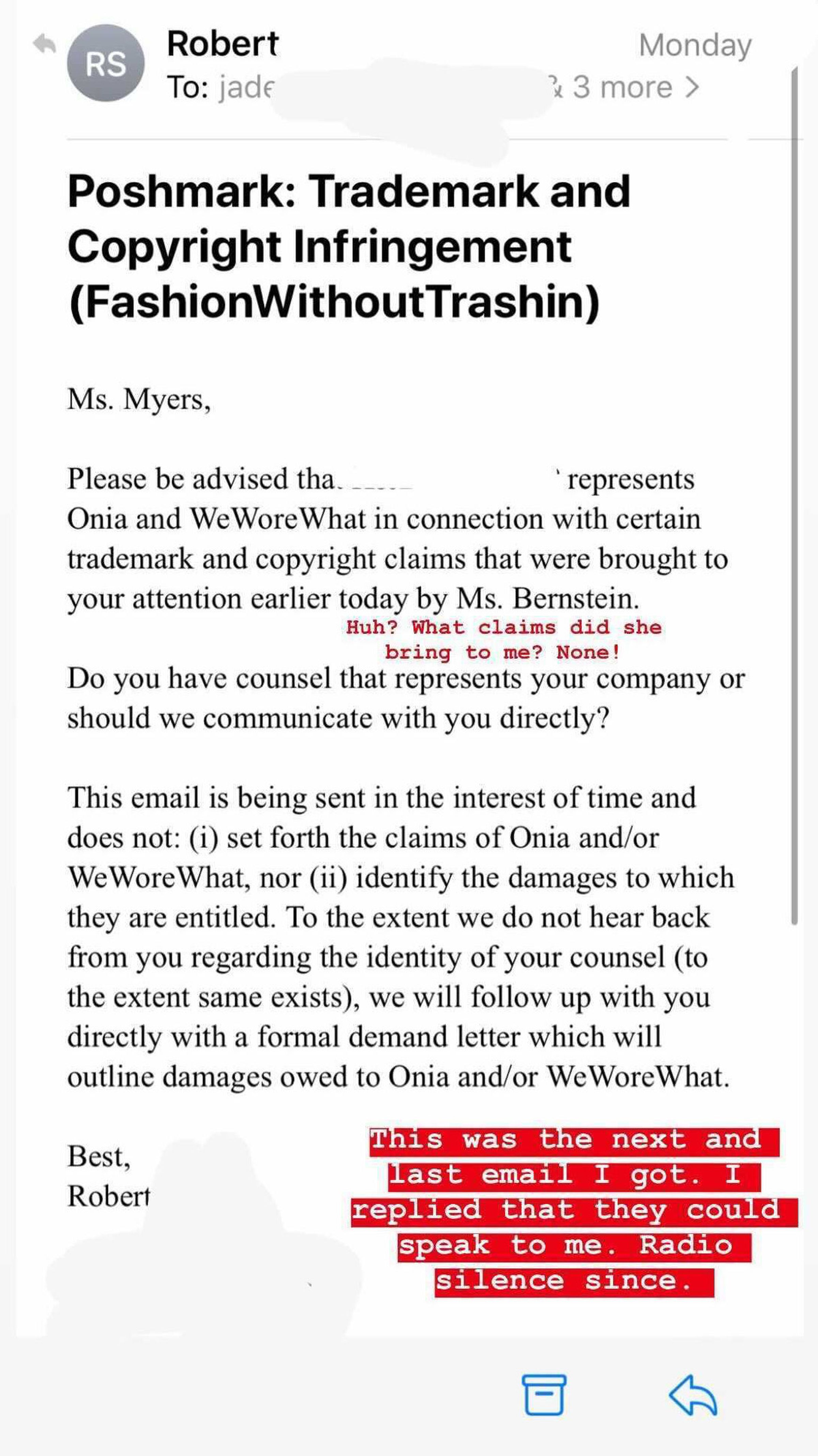 A screenshot of an email Myers received, which she posted to Instagram Stories.