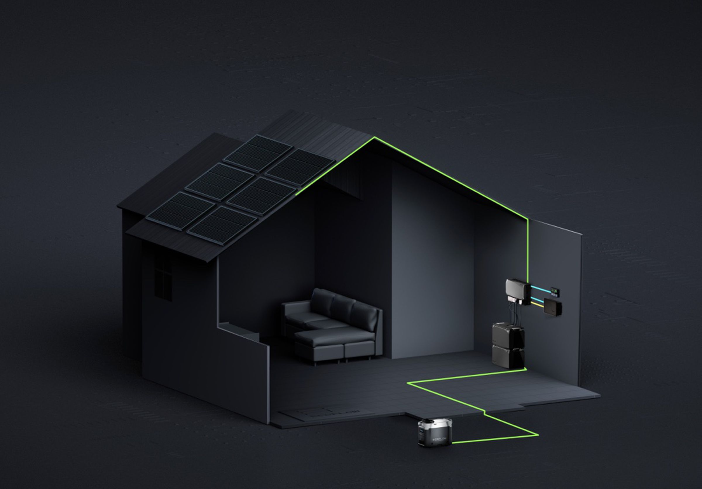 How the kit fits inside a workshop or remote cabin, powered by an optional EcoFlow Smart Generator and solar panels installed on the roof.
