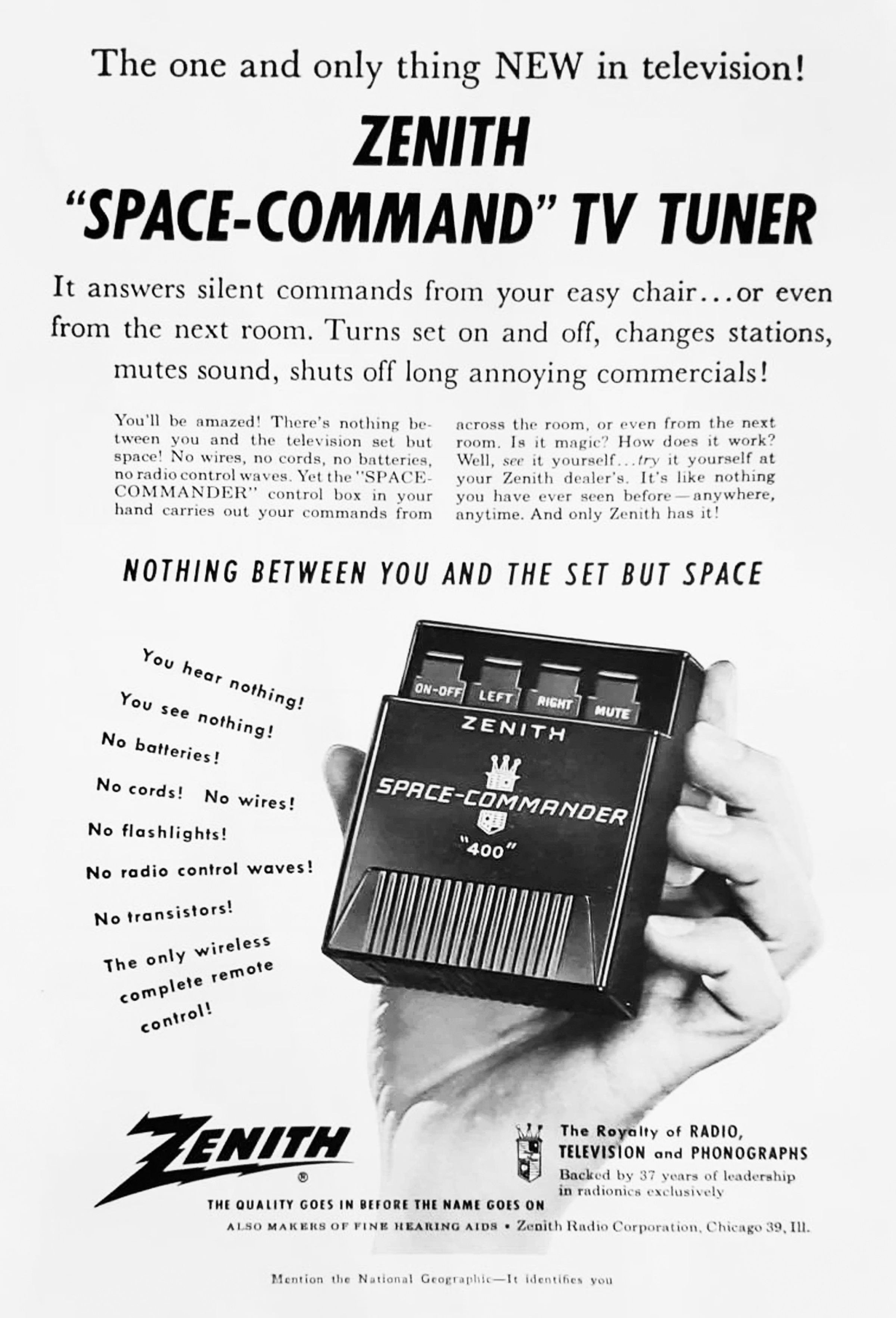 An advertisement for the original Zenith Space Command model, stating, “Nothing between you and the set but space.”