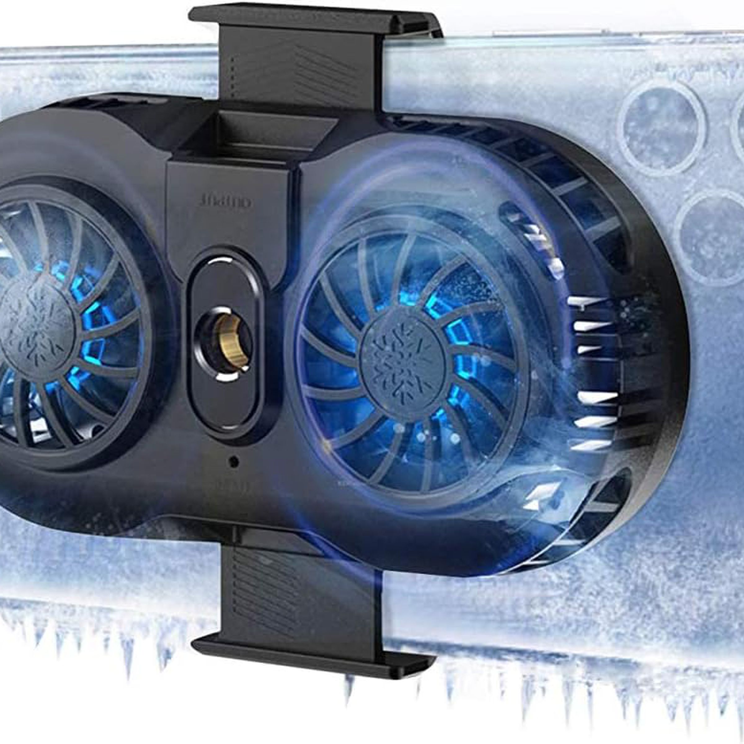 A picture of what looks like an iPhone 11 Pro with a dual-turbine fan attached using clips that hold the sides of the phone, which is covered in ice and icicles.