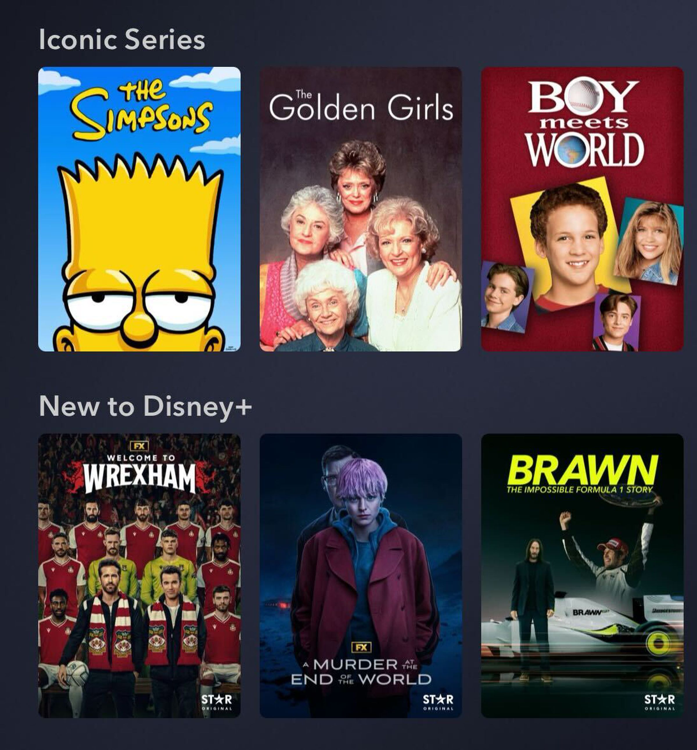 A screenshot of rows of TV shows in the Disney Plus app.