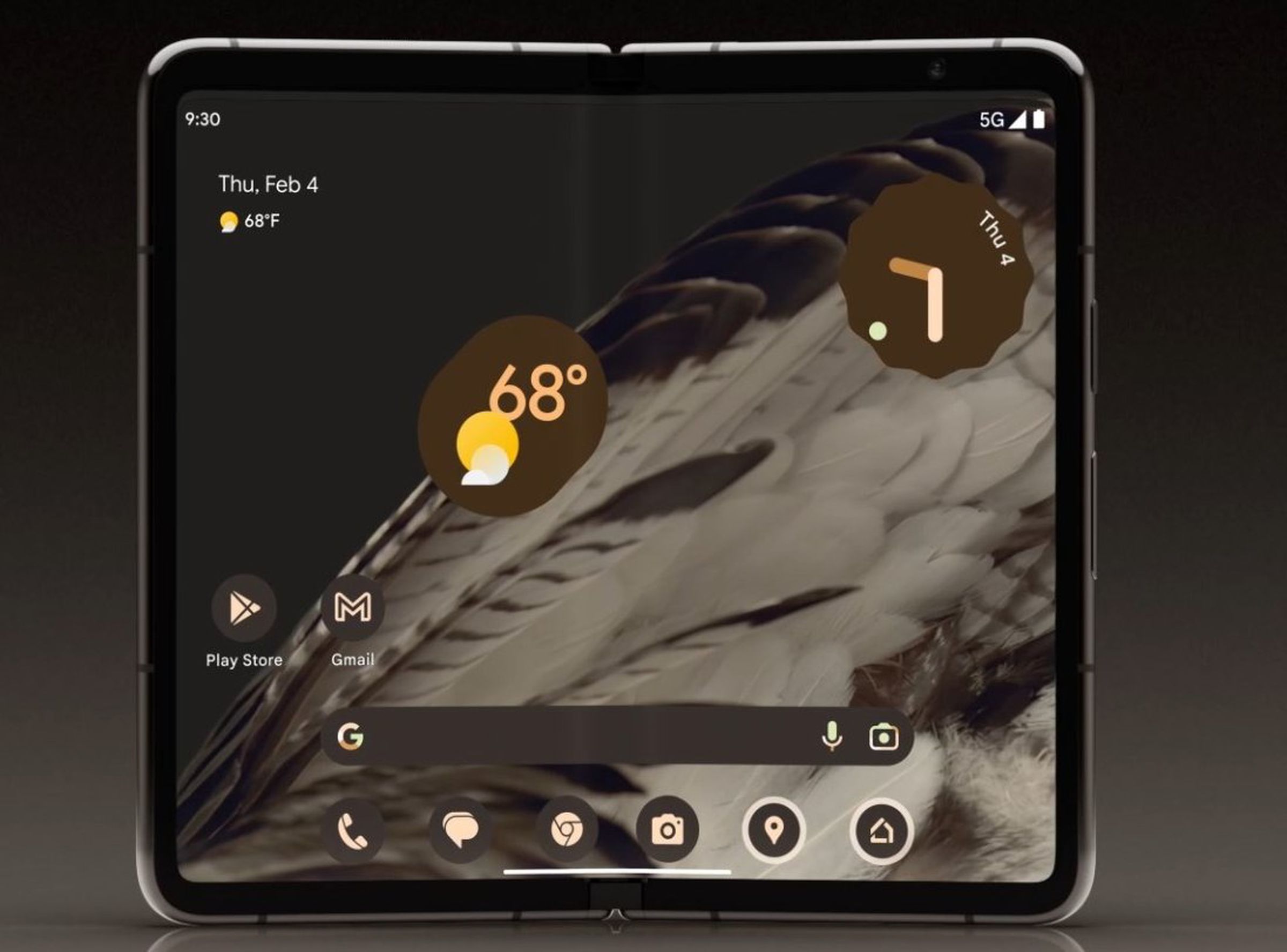 Straight on photo of opened Pixel Fold phone, showing the large inside screen with its Android homescreen with a search bar and widgets to display the weather and time.