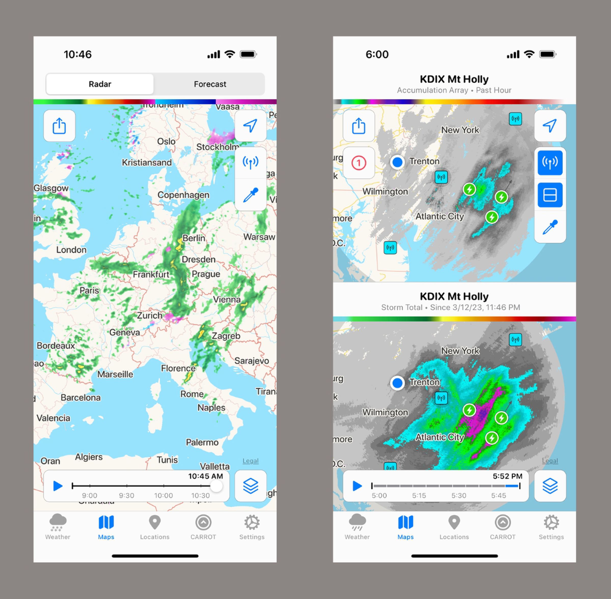 Two screenshots of the Carrot Weather app displaying radar views across Europe, and a multi-view mode monitoring two different locations.
