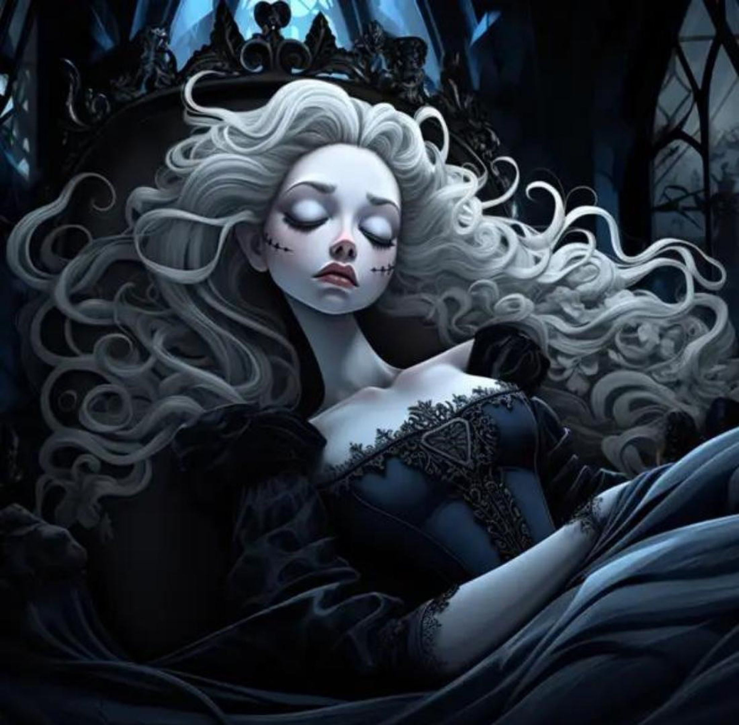 An AI-generated image of Sleeping Beauty in Tim Burton’s style.