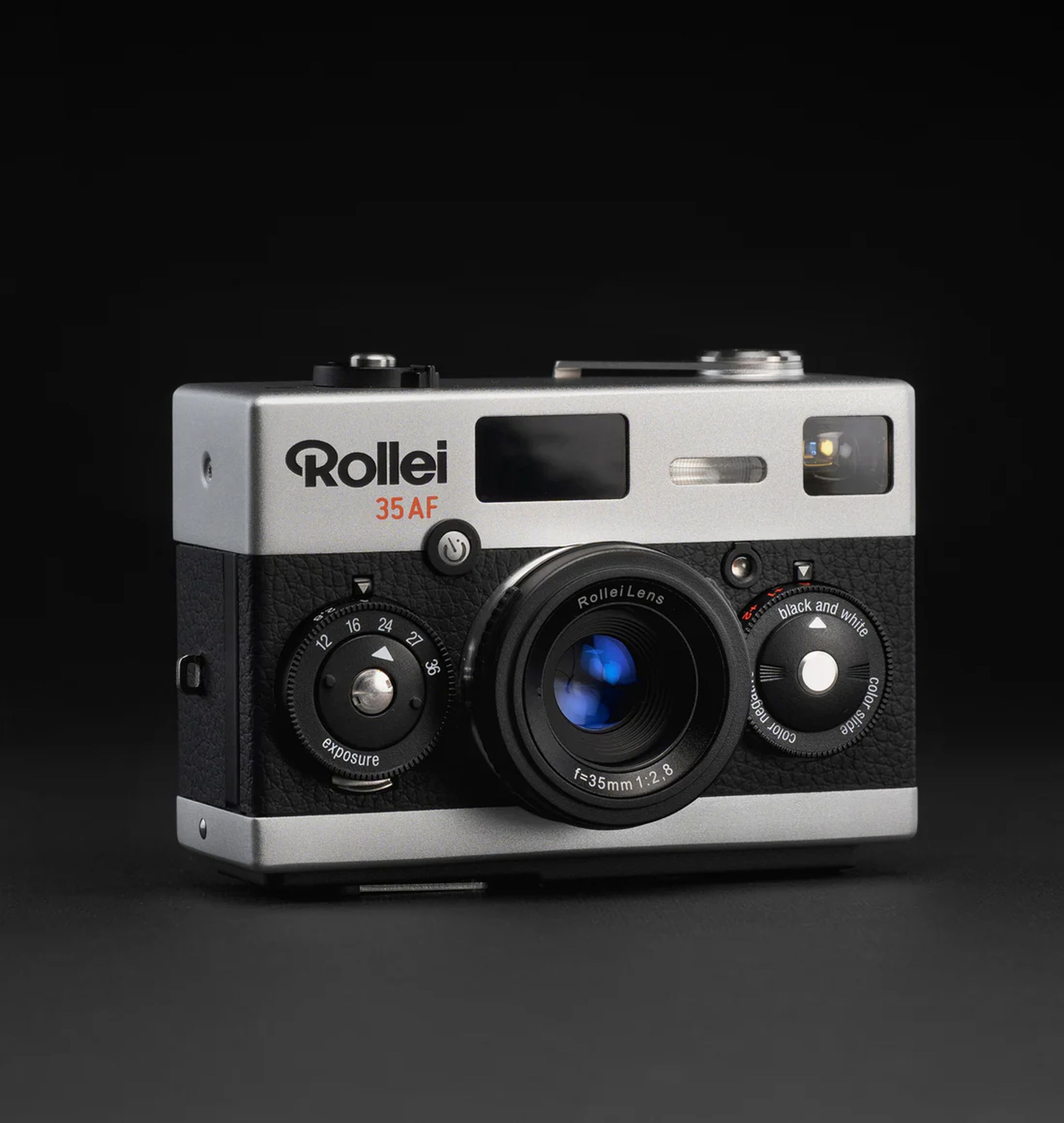 The MiNT Rollei 35AF film camera in chrome and black.