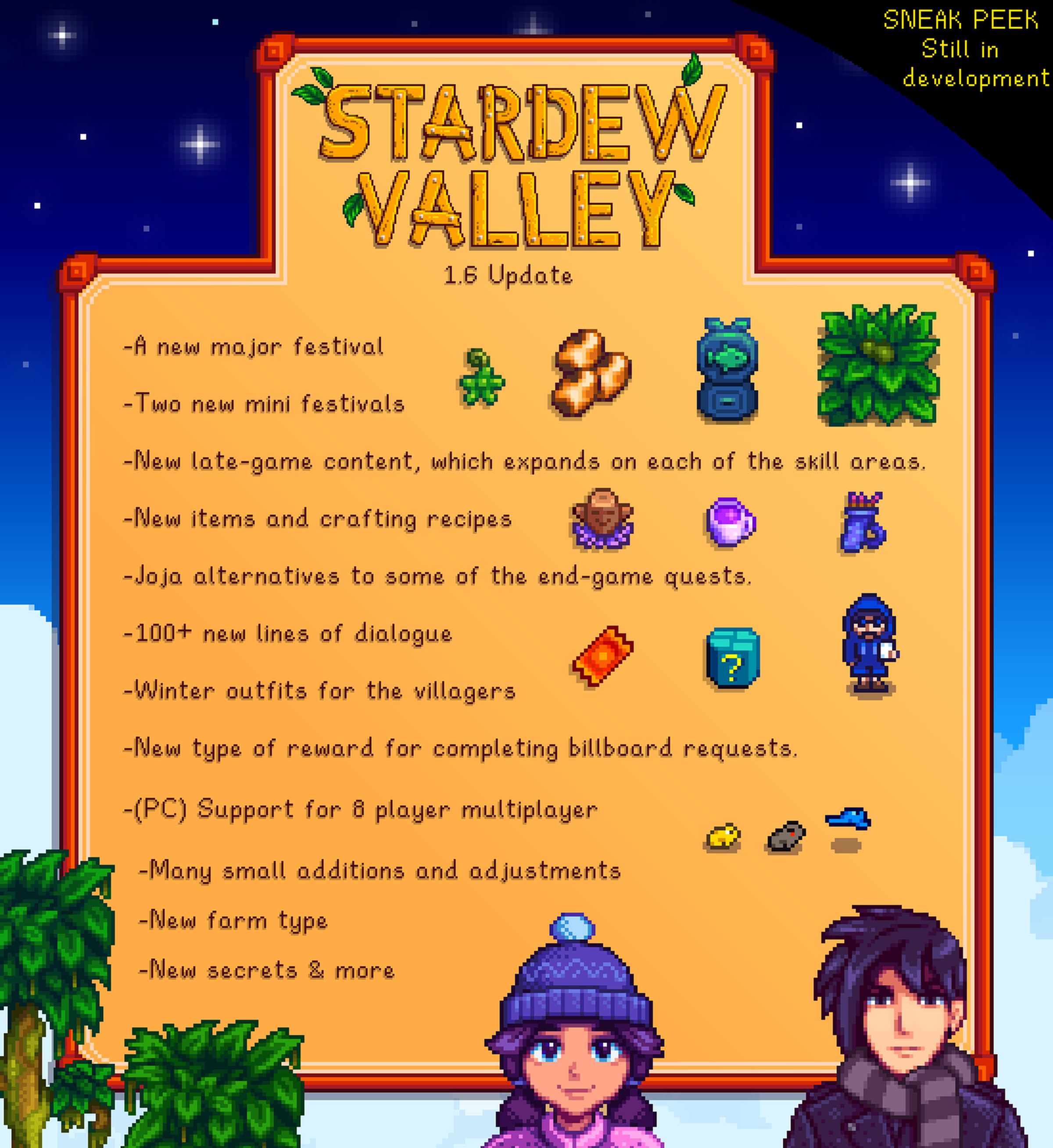 A list of upcoming features that will be added to Stardew Valley in version 1.6.