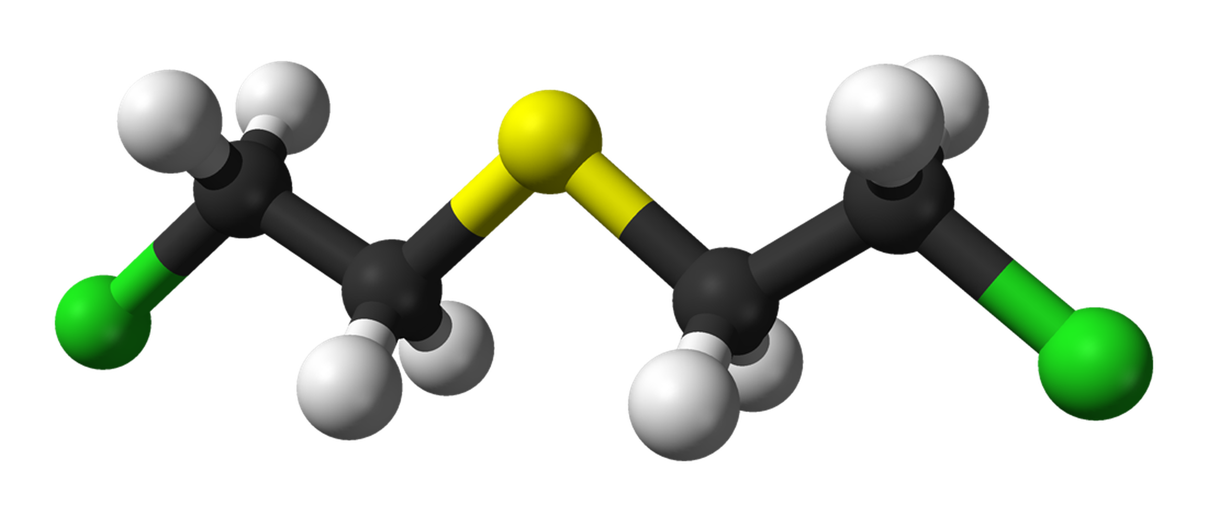 The chemical structure of mustard gas, with sulfur (yellow) in the middle connected to two wings. Both wings contain two carbon atoms (black), each bound to two hydrogen atoms (white). Chlorine atoms (green) bracket the entire structure on either end.