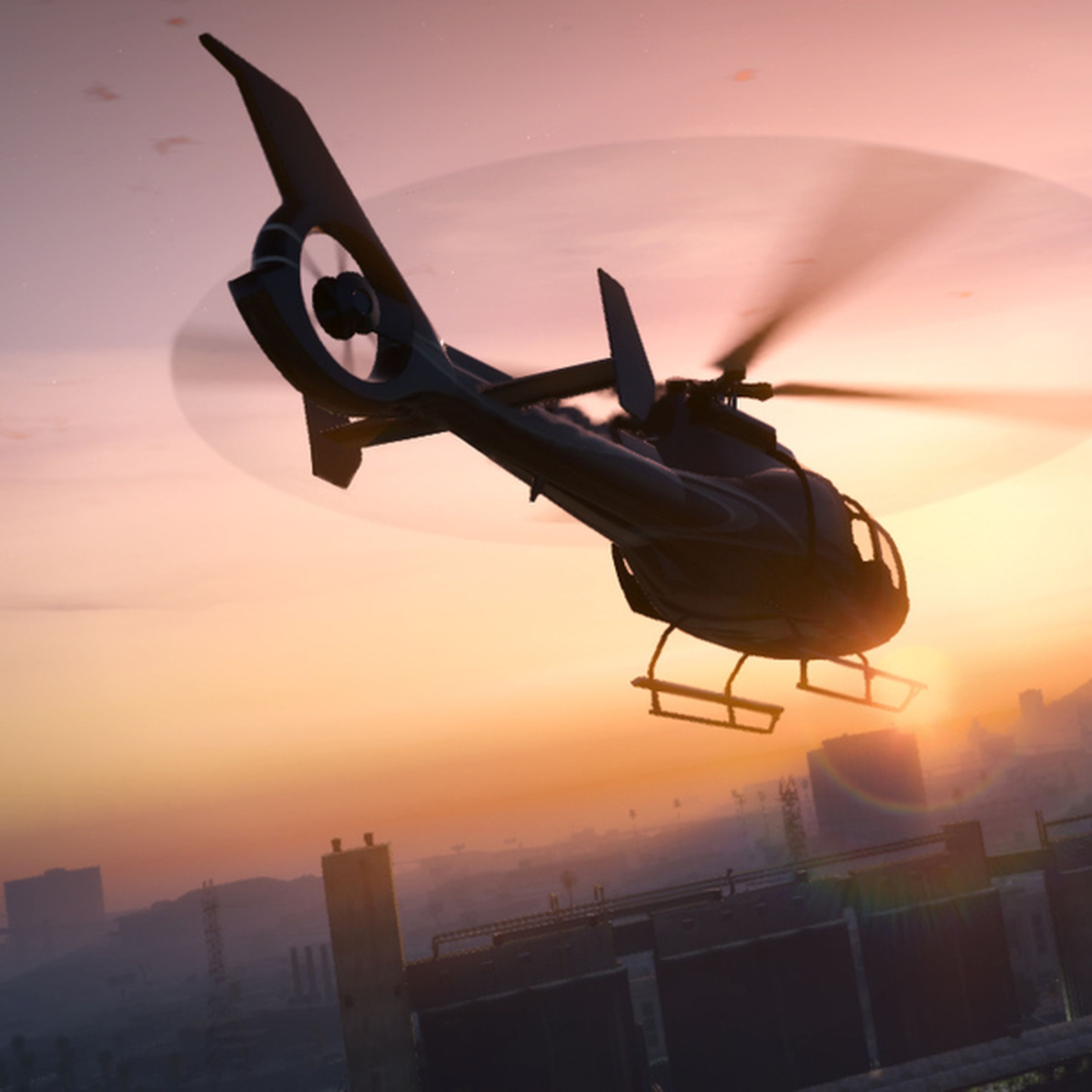 Keyart from Grand Theft Auto V featuring a helicopter flying over Los Santos at twilight