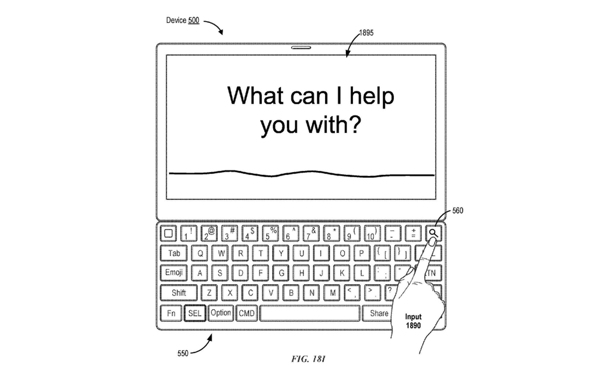 An illustration from Apple’s patent application showing a “search” key.