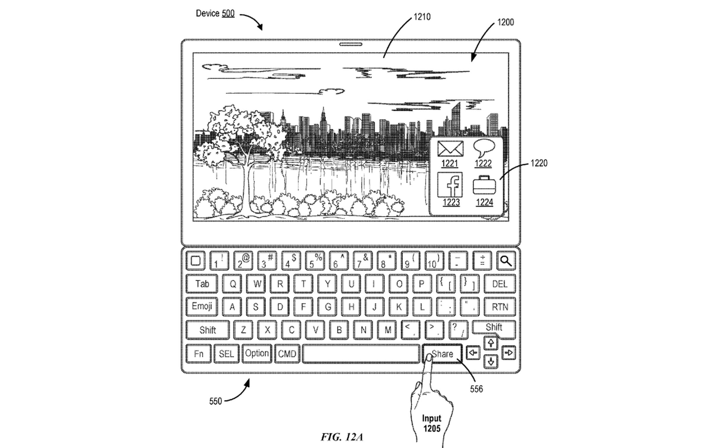 An illustration from Apple’s patent application showing a “share” key.
