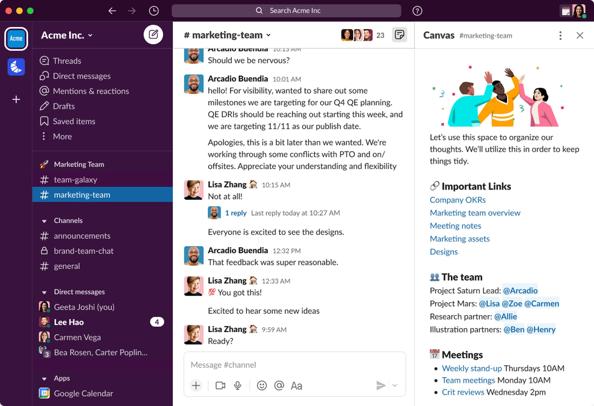 A screenshot of the Slack app with an open canvas on the right side.