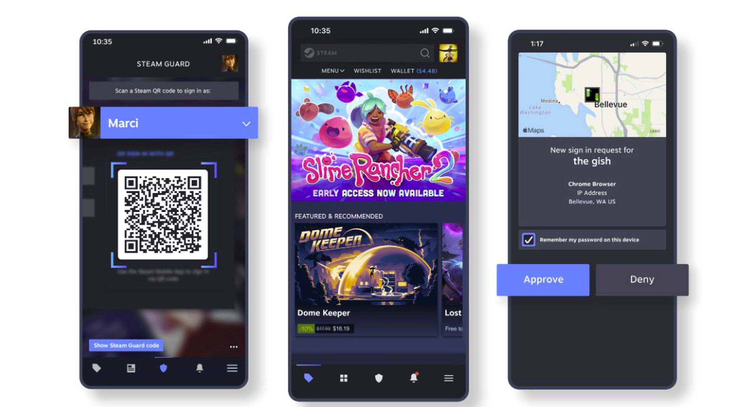 Three simulated phone images showing the Steam Mobile app, a QR code for logging in, and the prompt that appears to approve a sign-in request with the option to approve or deny.