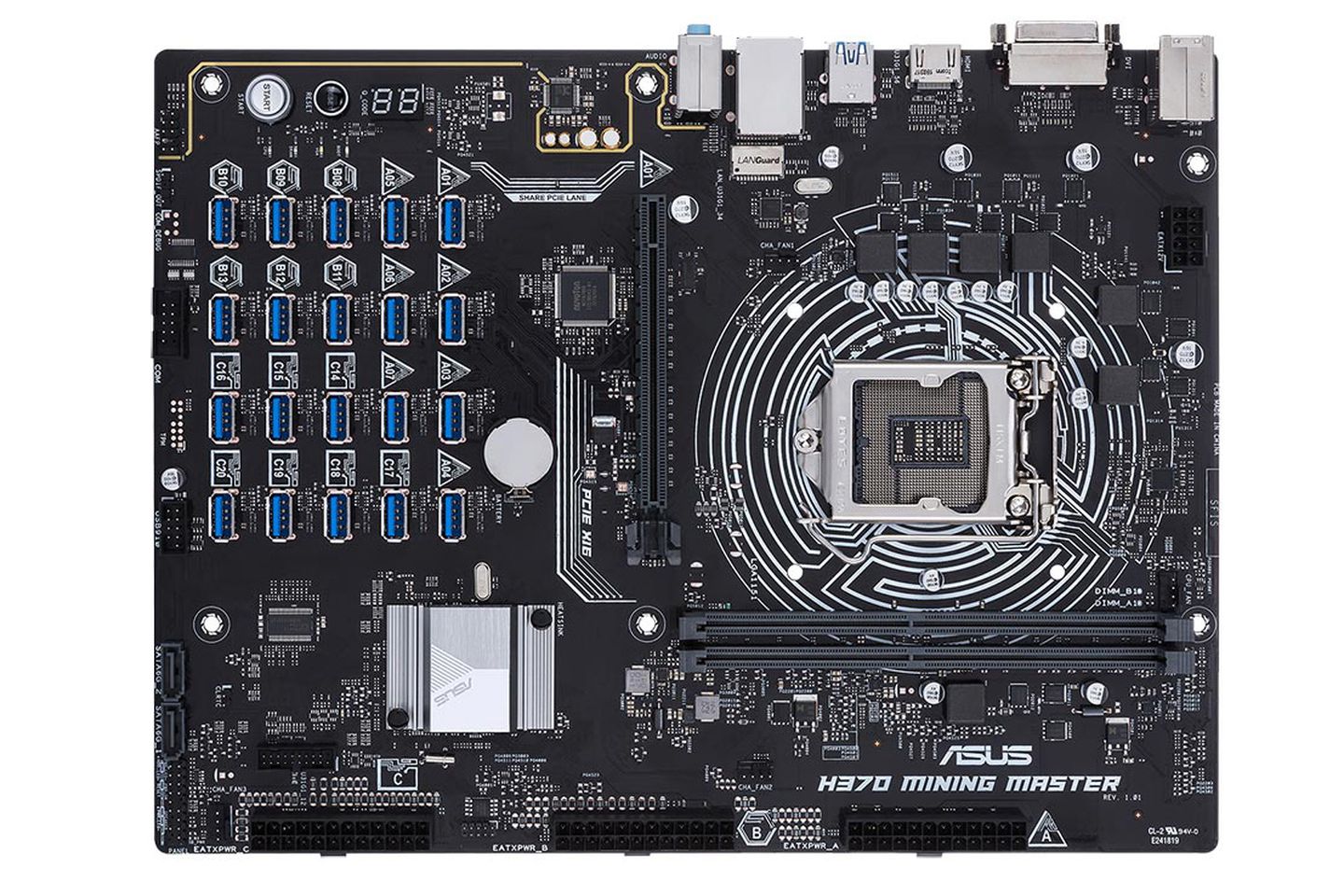 crypto-mining motherboard that supports up to 20 gpus