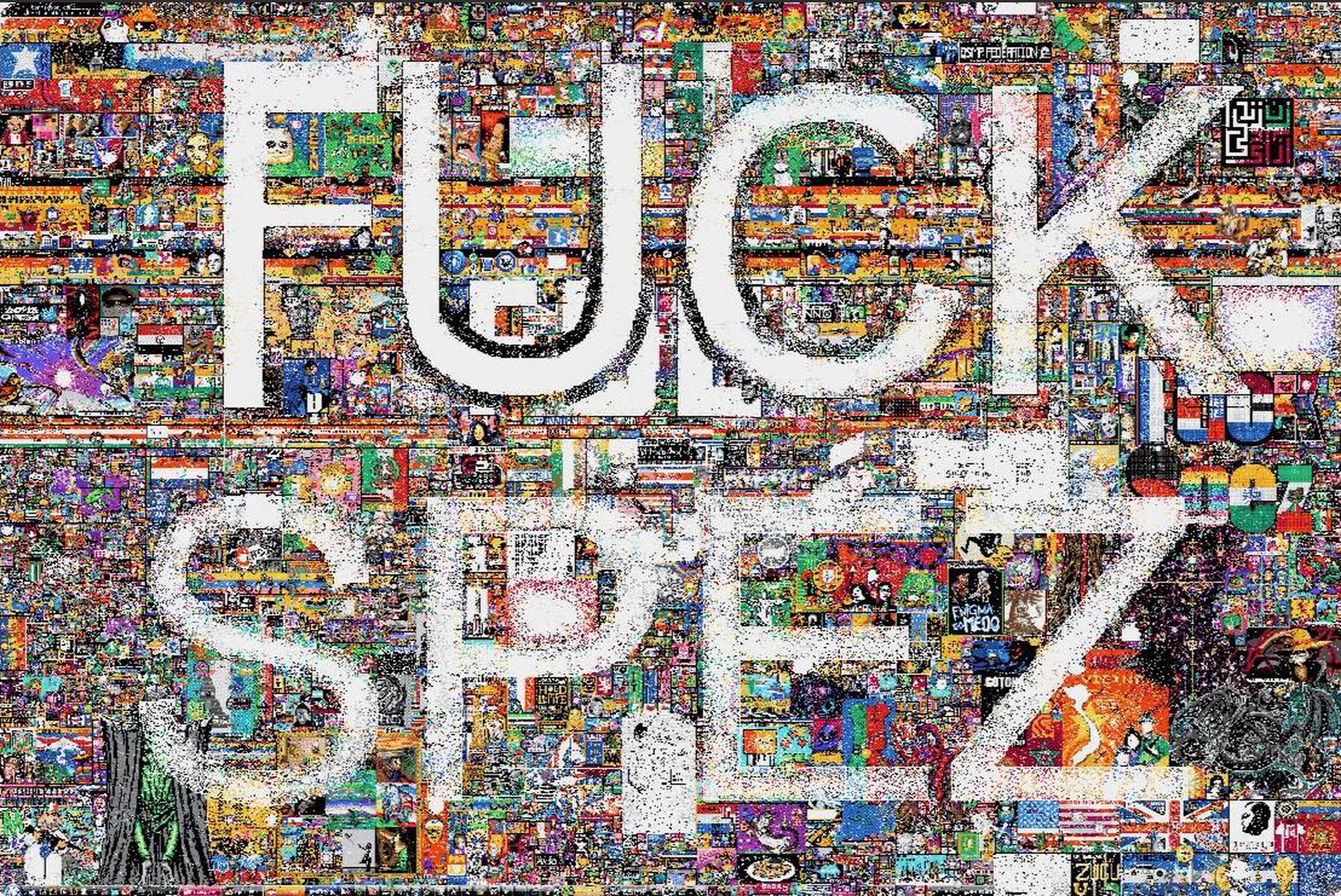 A screenshot of r/Place with a growing amount of white. In the middle, there is a large message that says “FUCK SPEZ.”