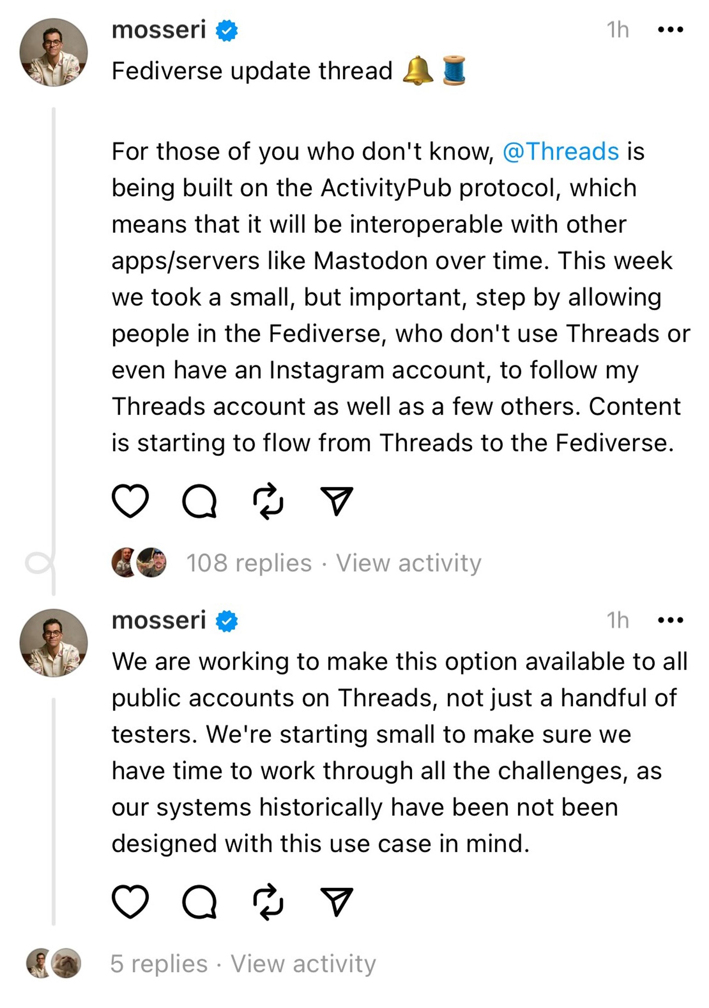 A screenshot of Threads posts from Adam Mosseri.