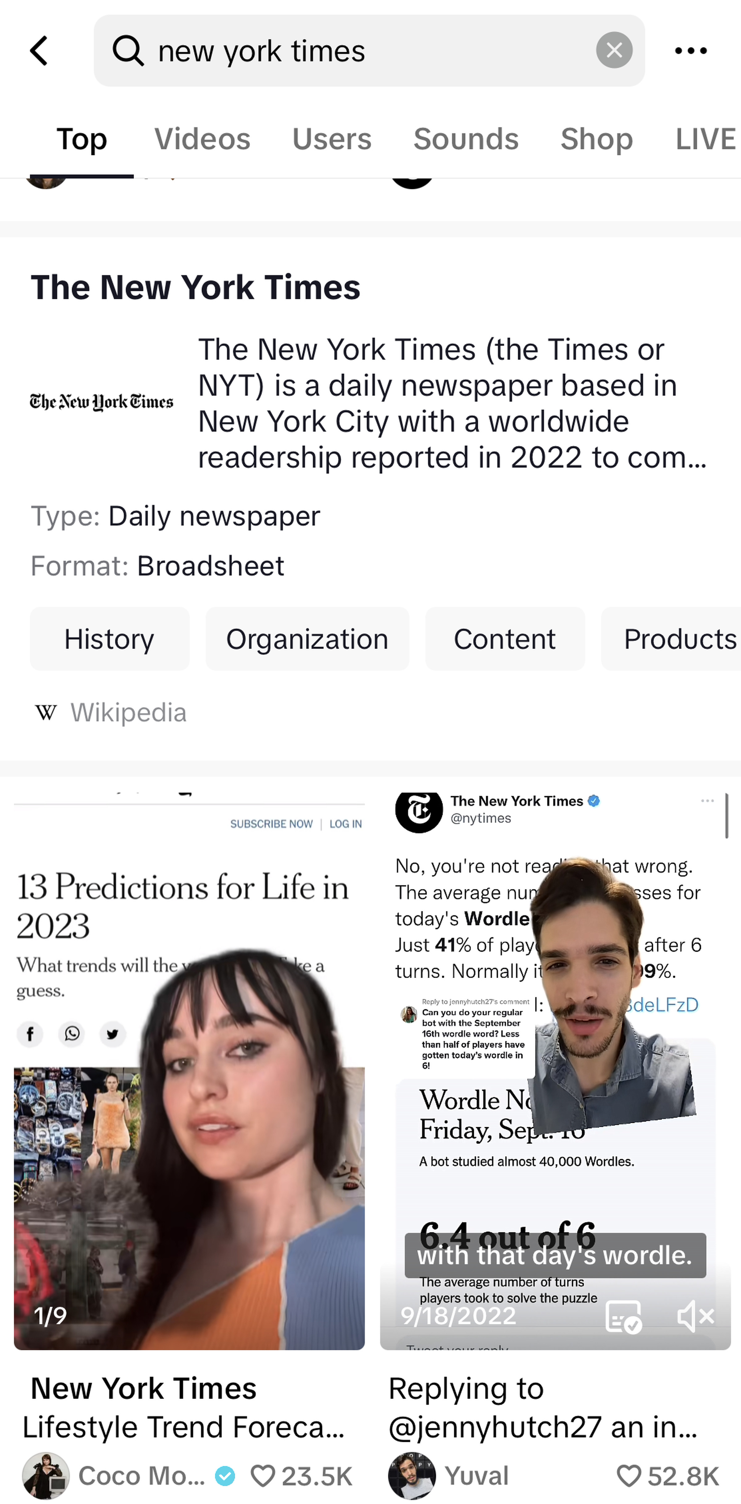 TikTok search results for “new york times” features relevant videos plus a link to The Times’ Wikipedia page