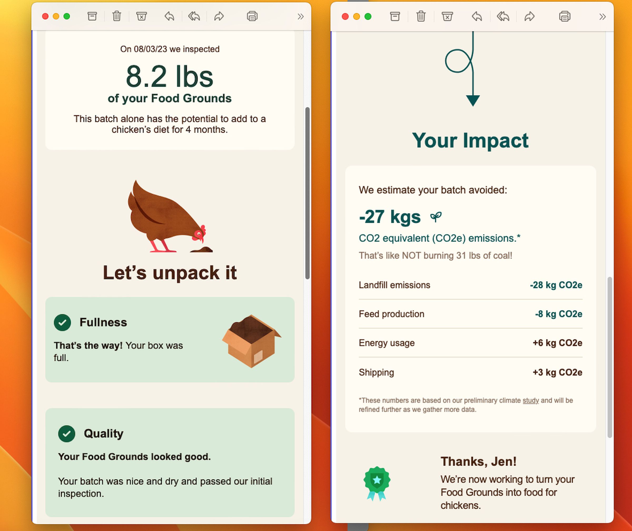 The Mill impact report said my 8.2 lbs of food waste had saved the equivalent of not burning 31 lbs of coal. The company uses a Lifecycle Assessment to calculate the overall impact of each part of its process.