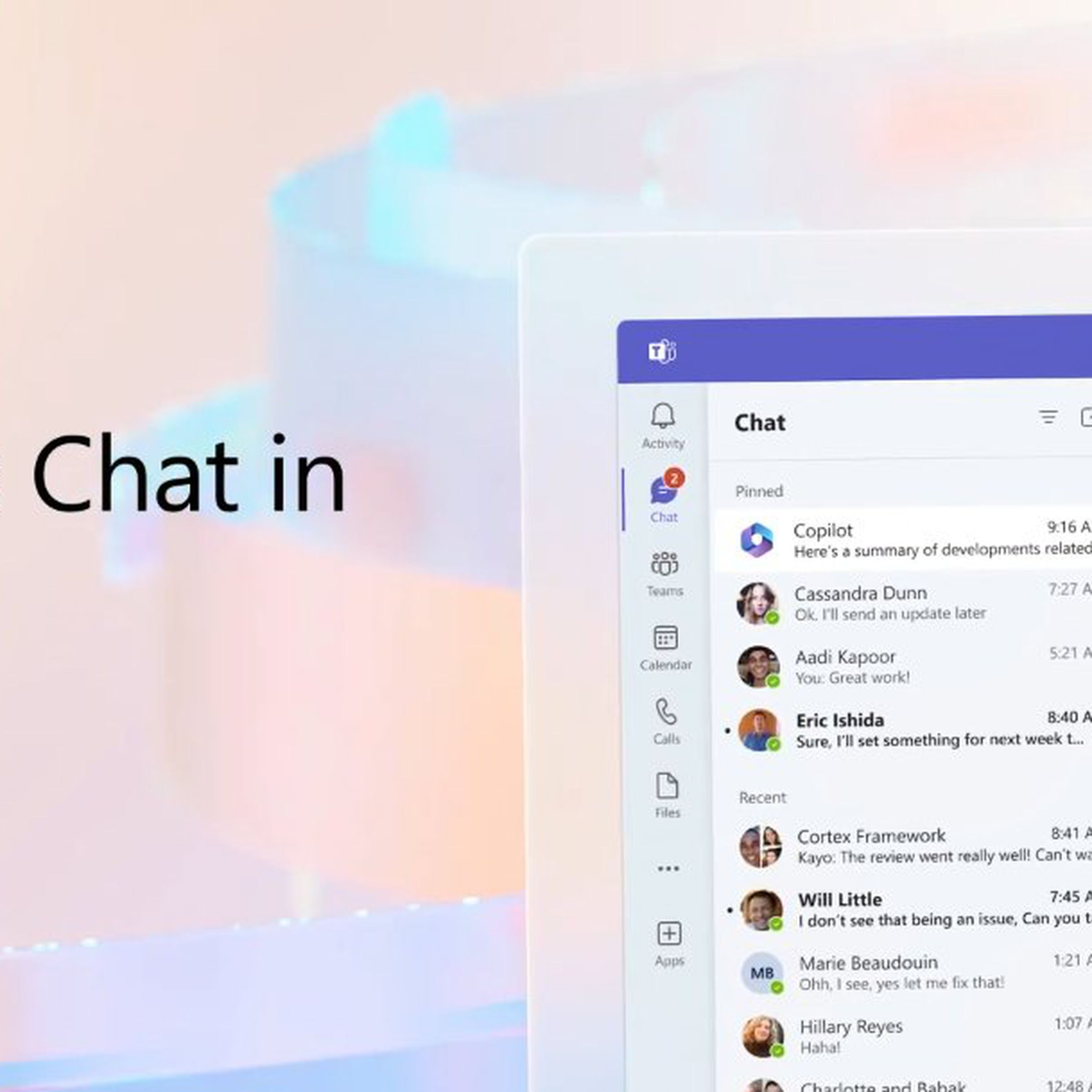A slide introducing Microsoft’s Business Chat AI assistant, showing the chatbot interface that can be queried to produce summaries and more.