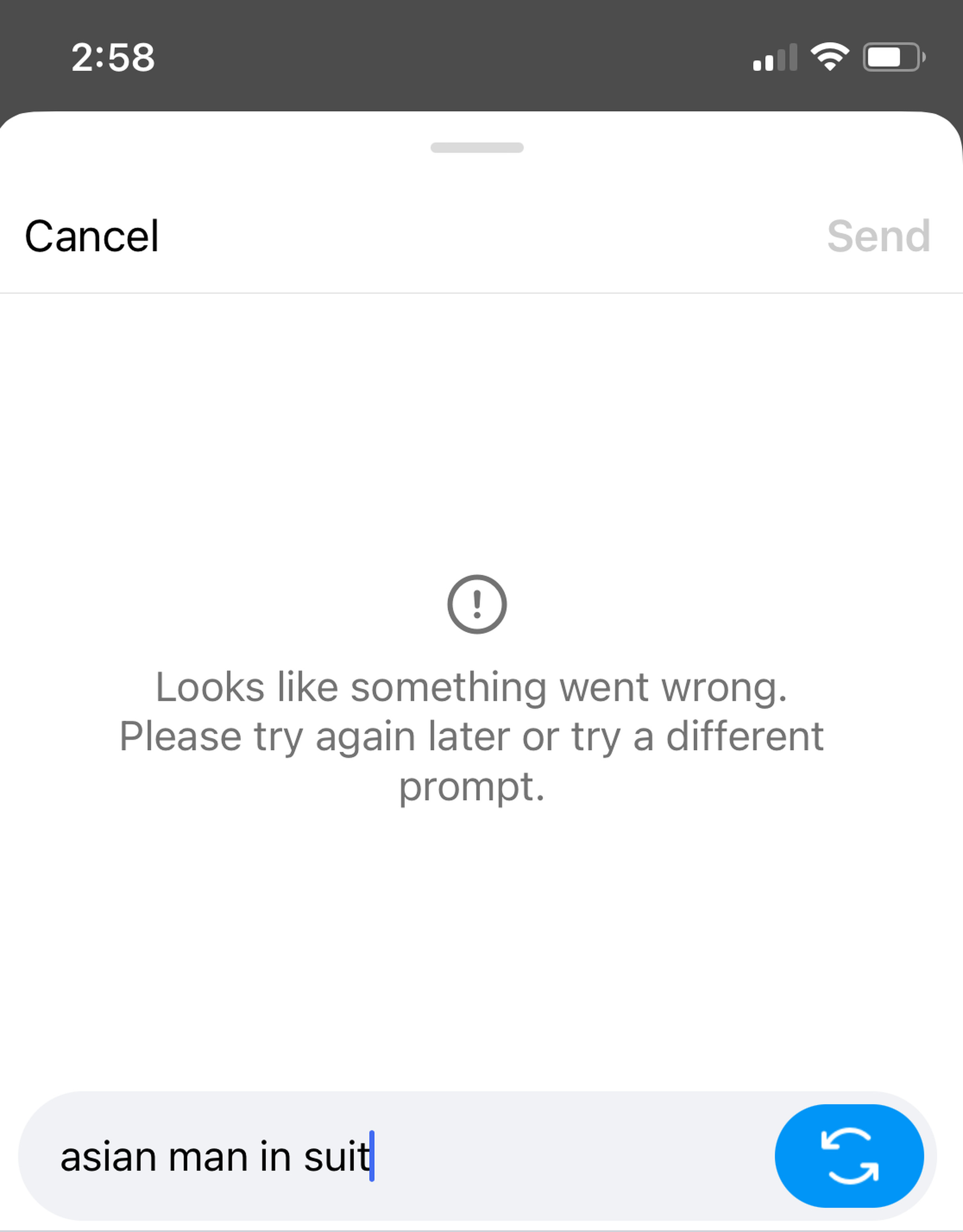 Instagram AI image generator with the suggested “white man in suit” with an error message