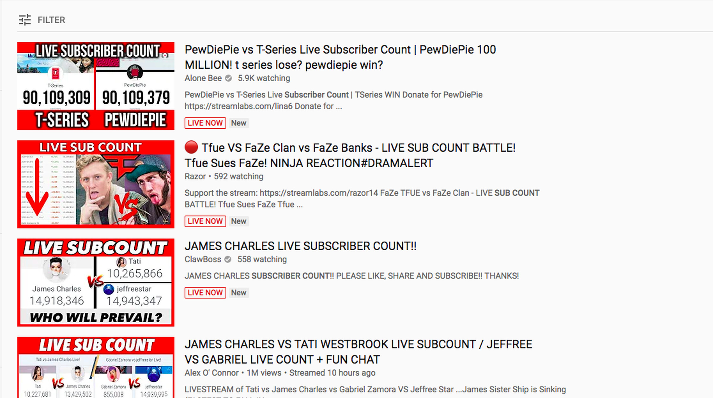 Live count channels on YouTube.
