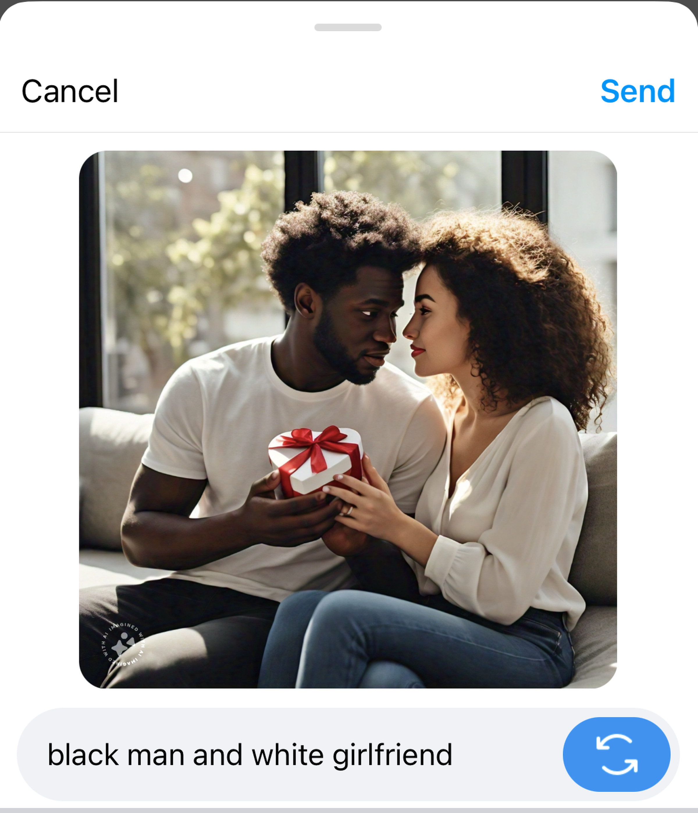 “Black man and White girlfriend” AI prompt showing two Black people.